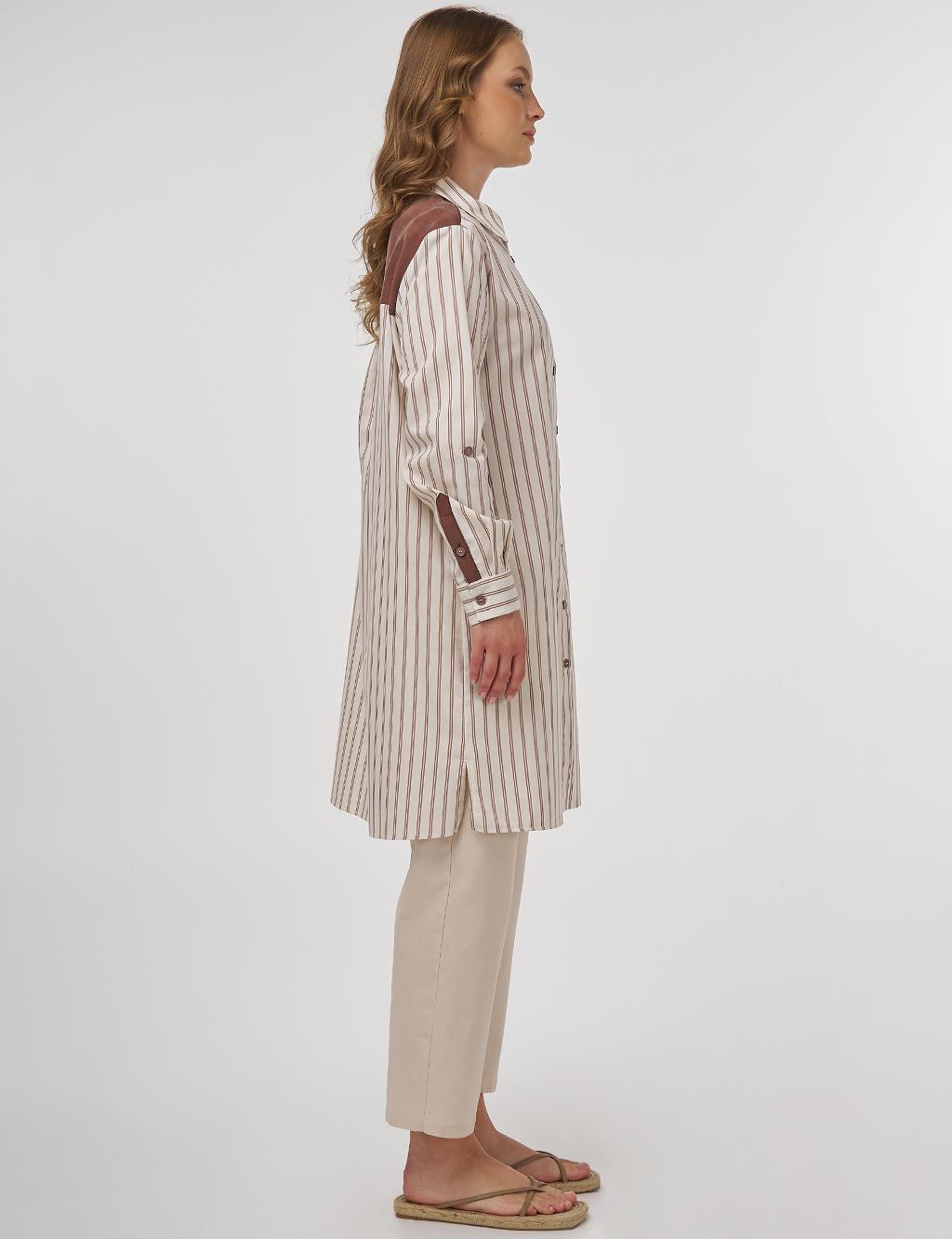 Striped Pattern Cotton Tunic Brown