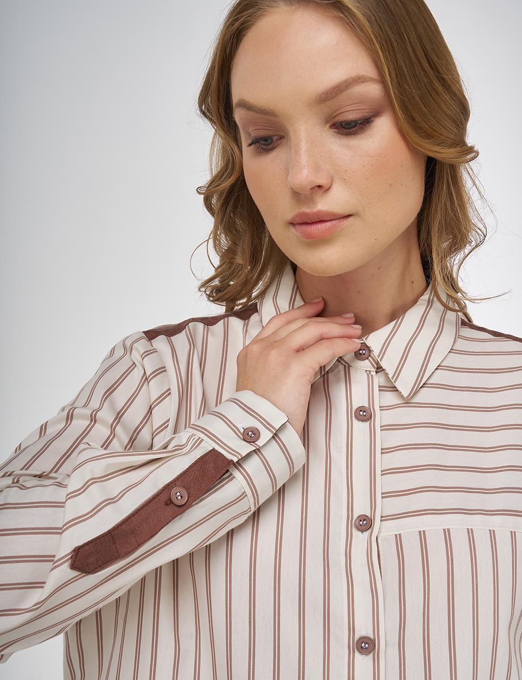 Striped Pattern Cotton Tunic Brown