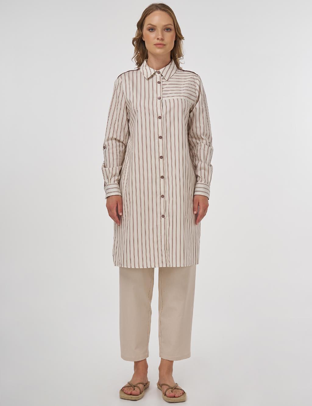 Striped Pattern Cotton Tunic Brown