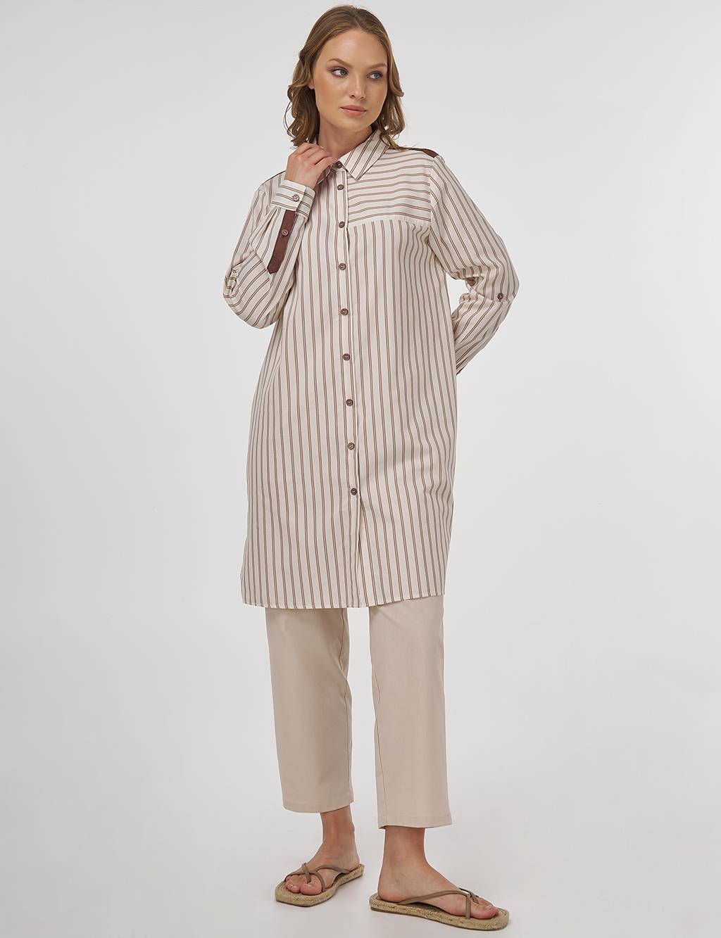 Striped Pattern Cotton Tunic Brown