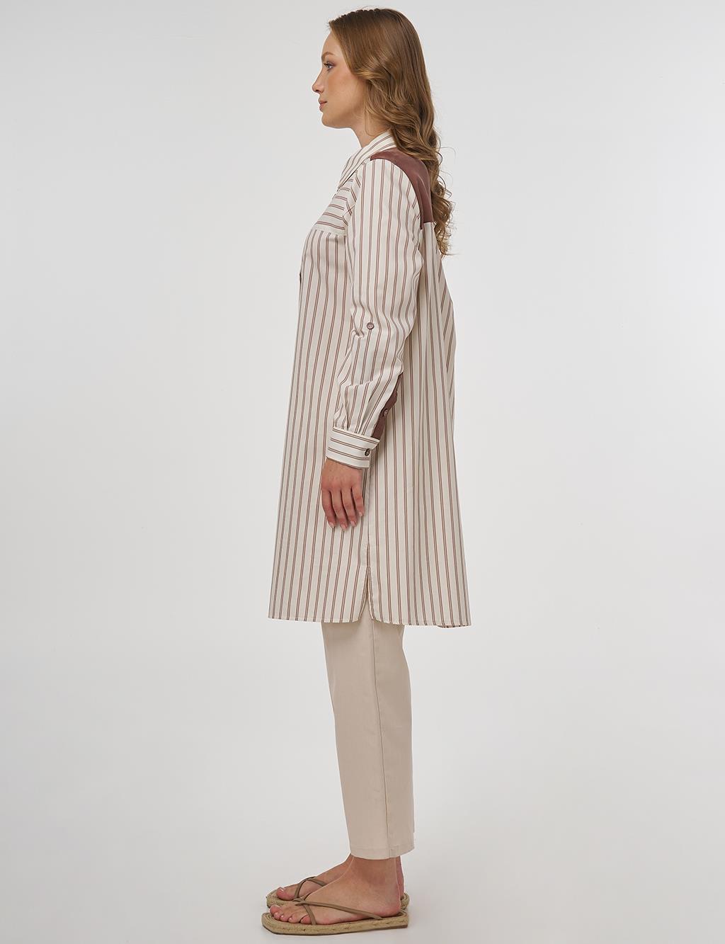 Striped Pattern Cotton Tunic Brown