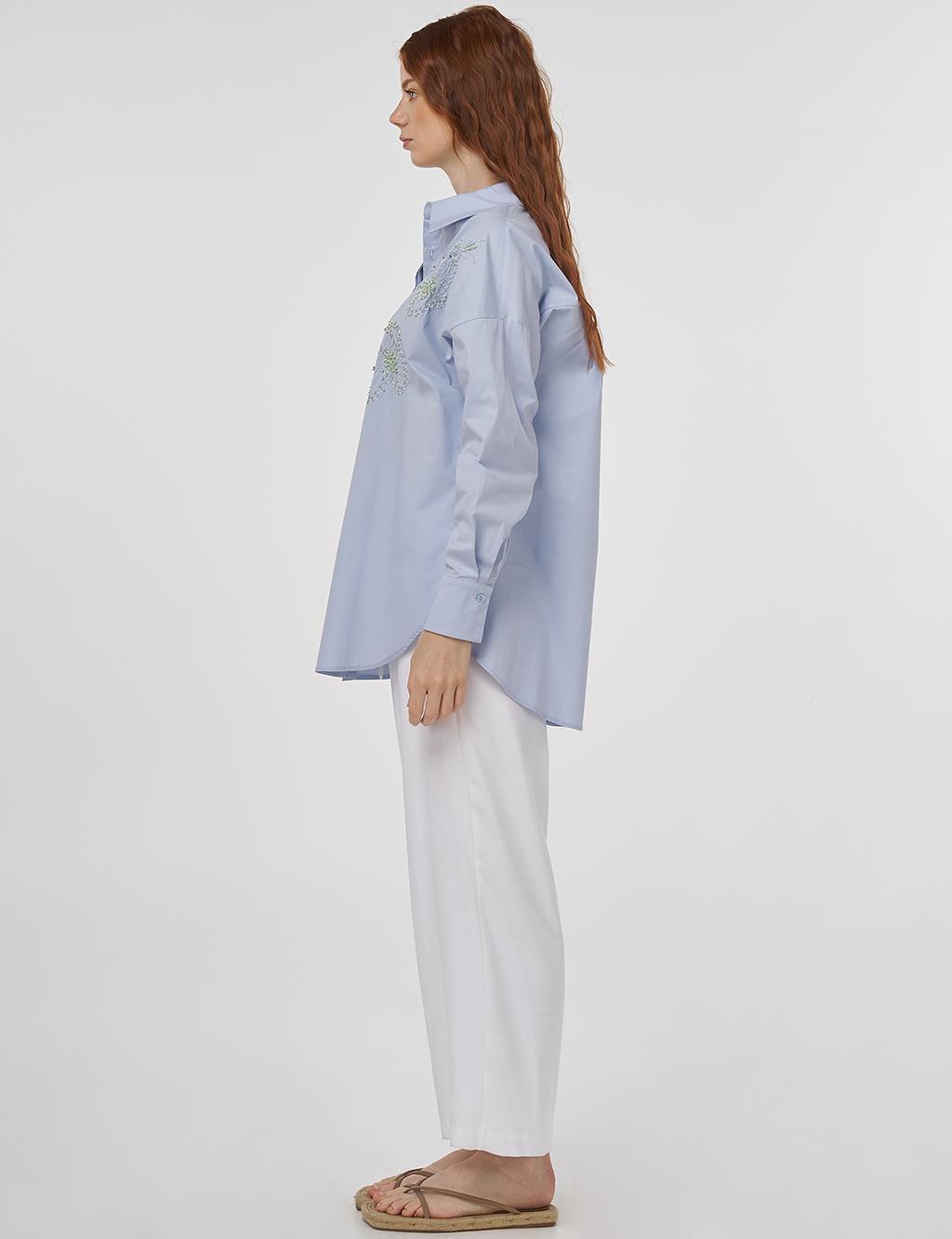 Embroidered Detail Cotton Tunic Blue