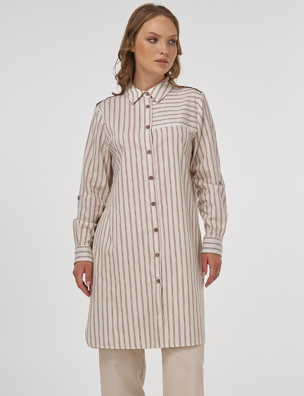 Striped Pattern Cotton Tunic Brown