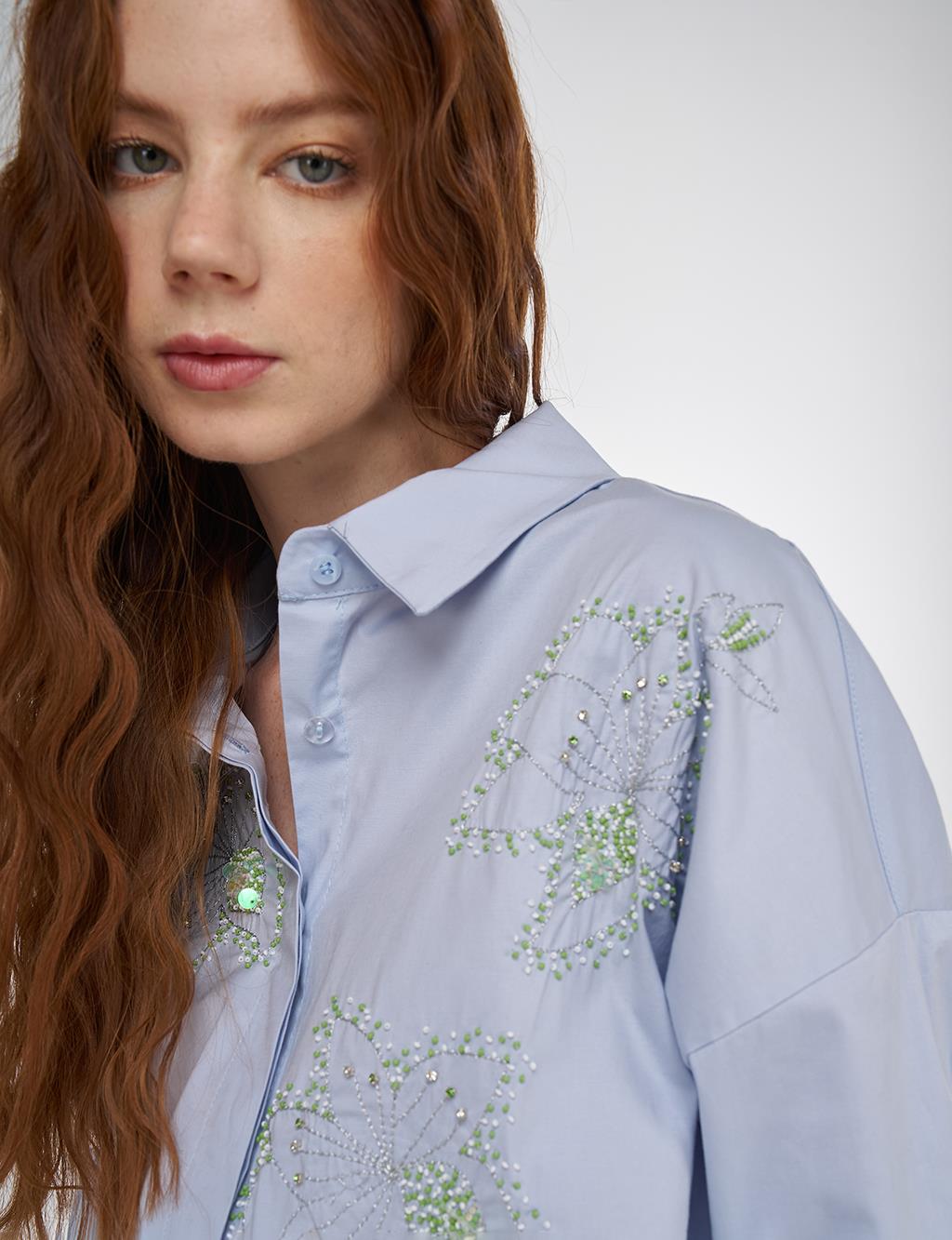 Embroidered Detail Cotton Tunic Blue
