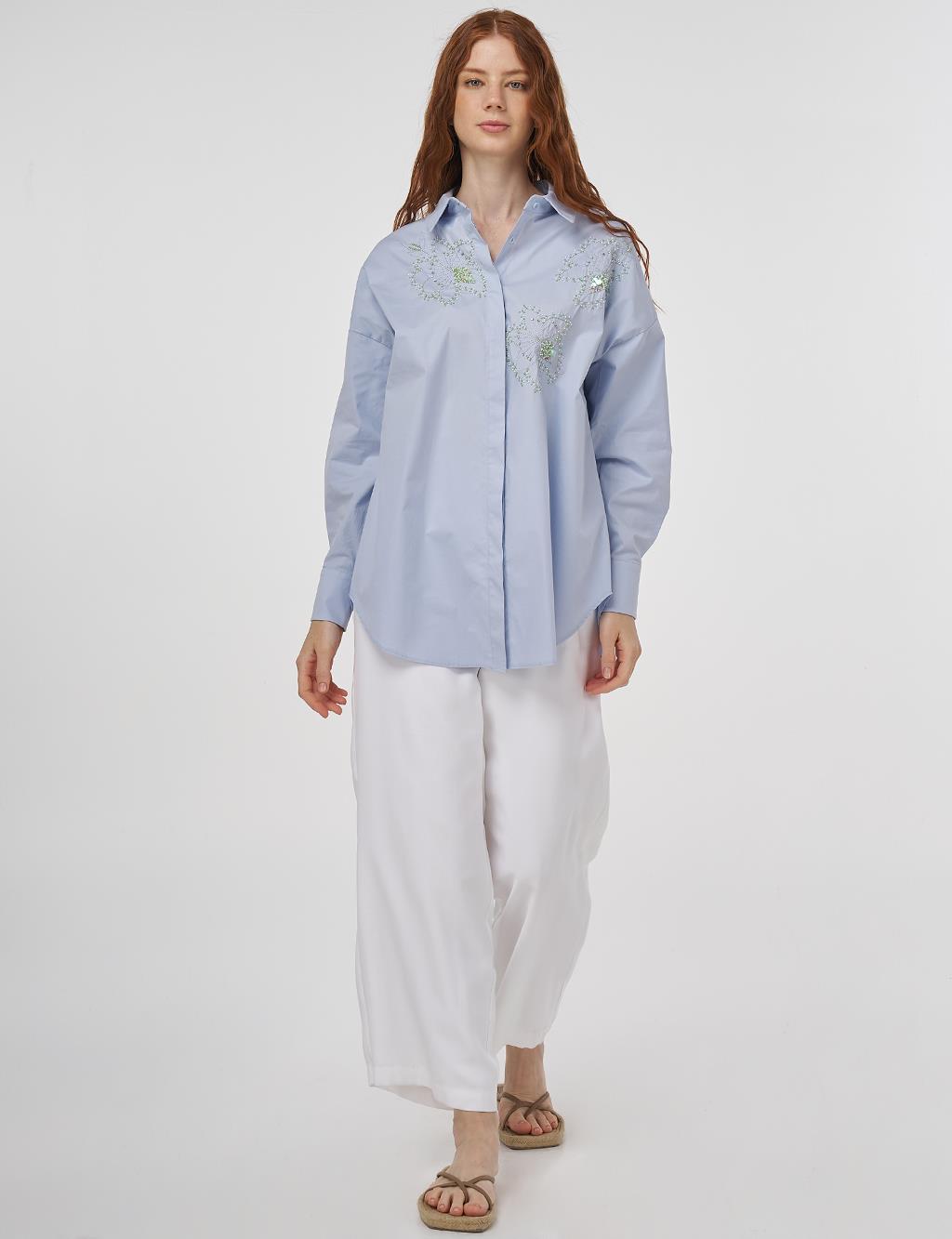 Embroidered Detail Cotton Tunic Blue