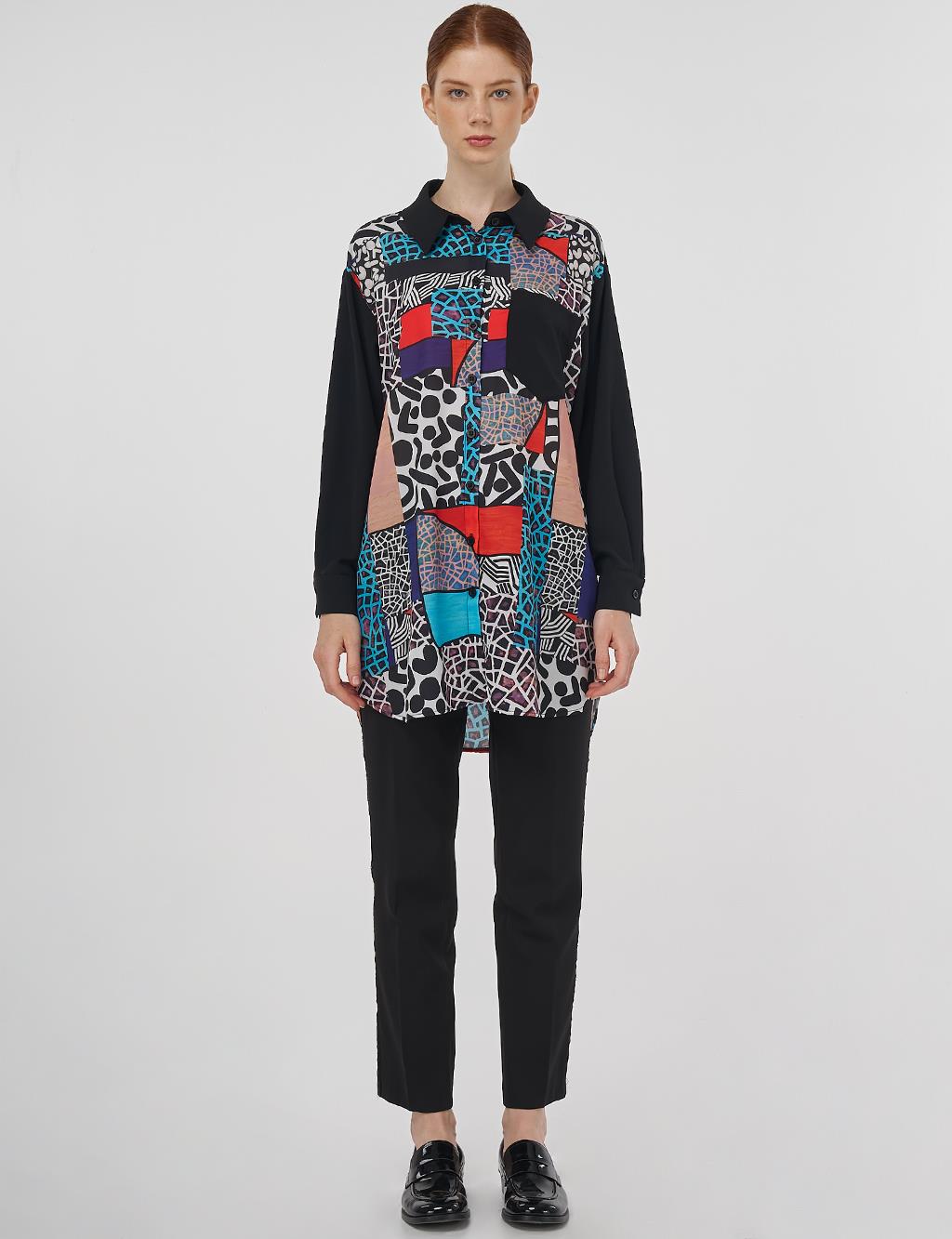 Patterned Shirt Collar Tunic in Black