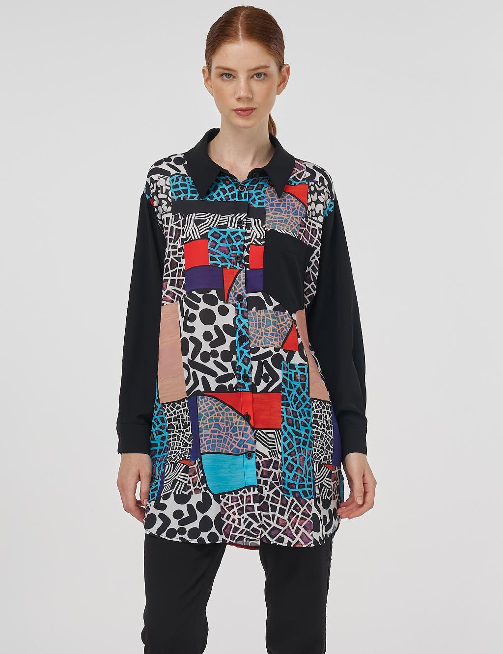 Patterned Shirt Collar Tunic in Black