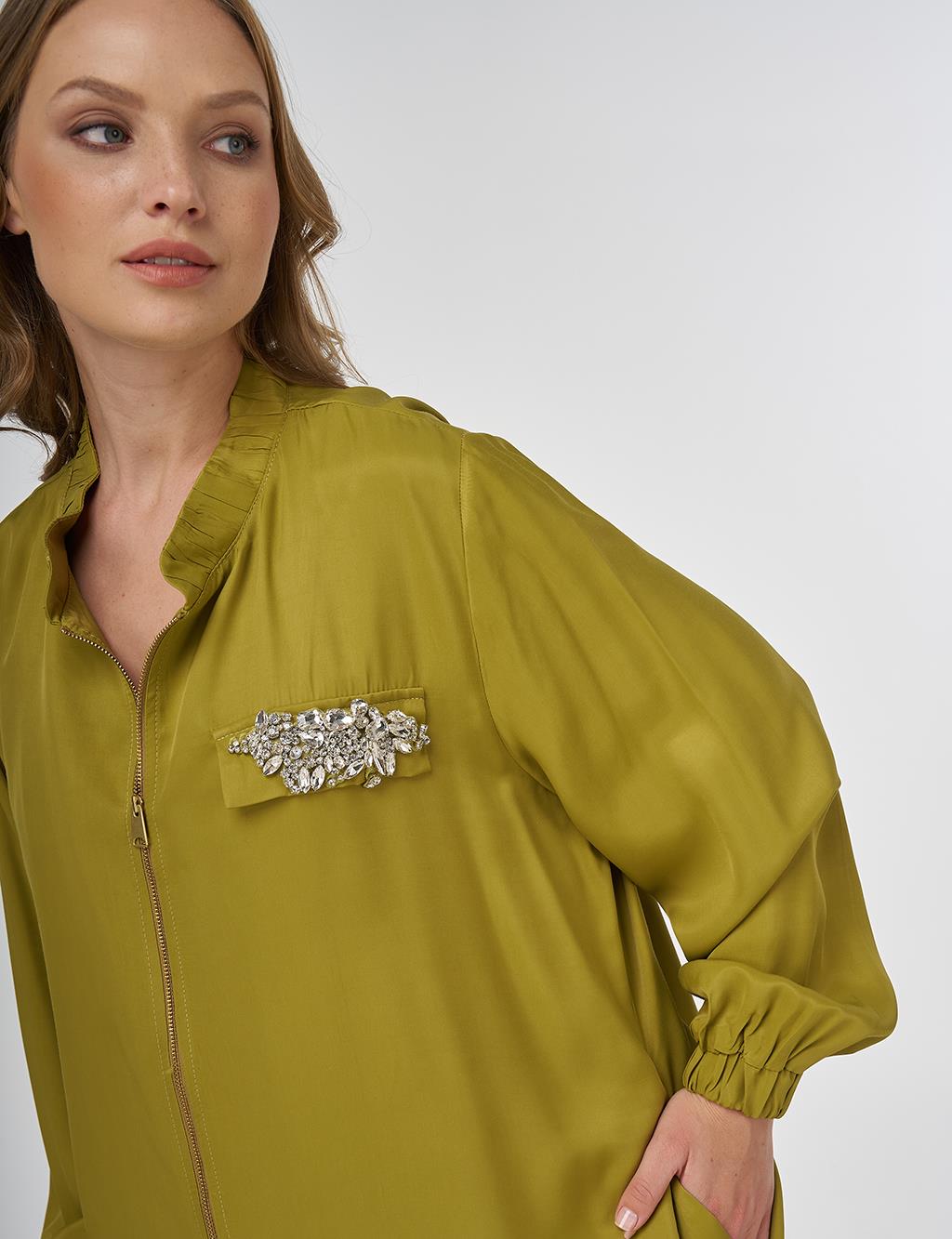 Stone-Embellished Viscose Jacket in Khaki