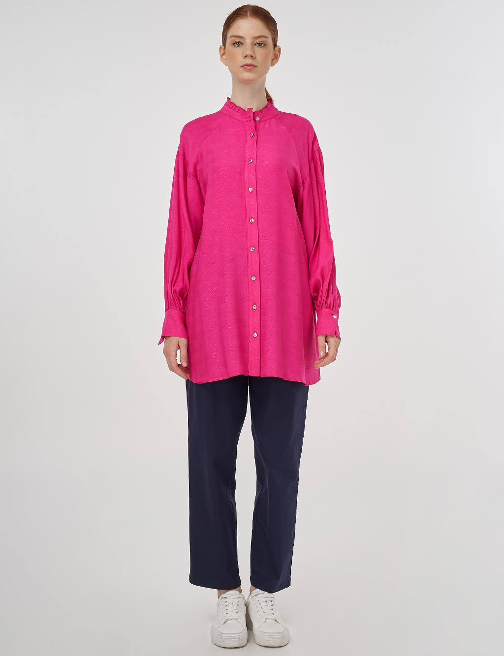 Ruffled Collar Viscose Tunic Fuchsia