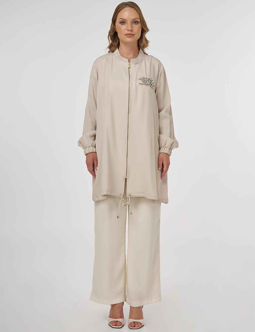 Stone-Embellished Viscose Jacket in Stone