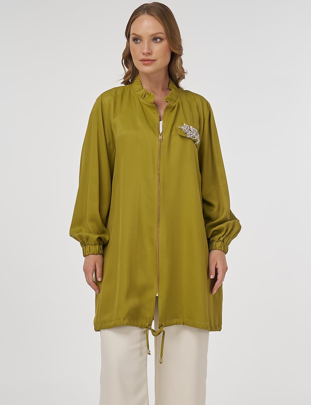 Stone-Embellished Viscose Jacket in Khaki