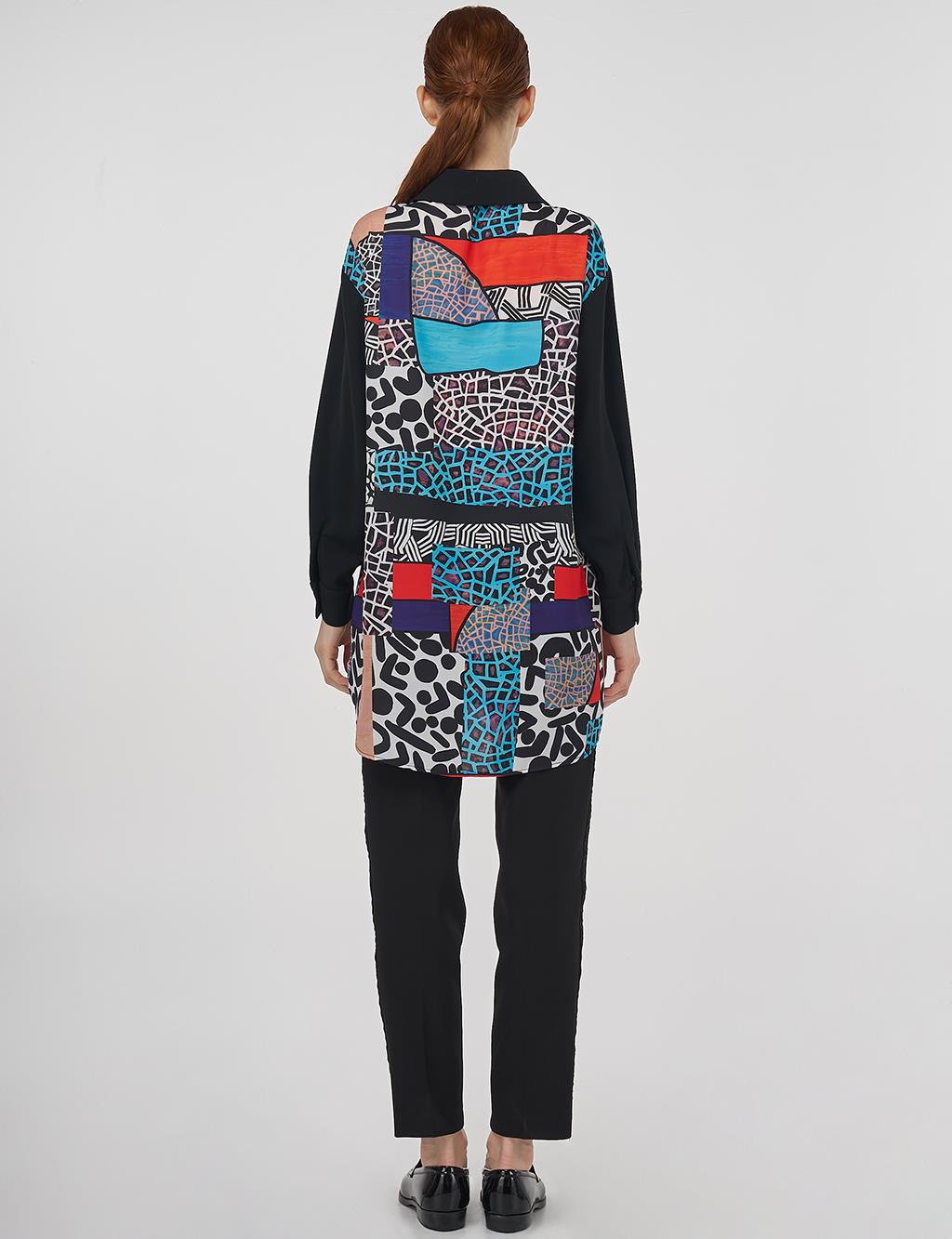 Patterned Shirt Collar Tunic in Black