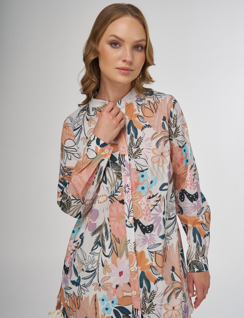 Floral Desenli Bağcıklı Tunik Krem