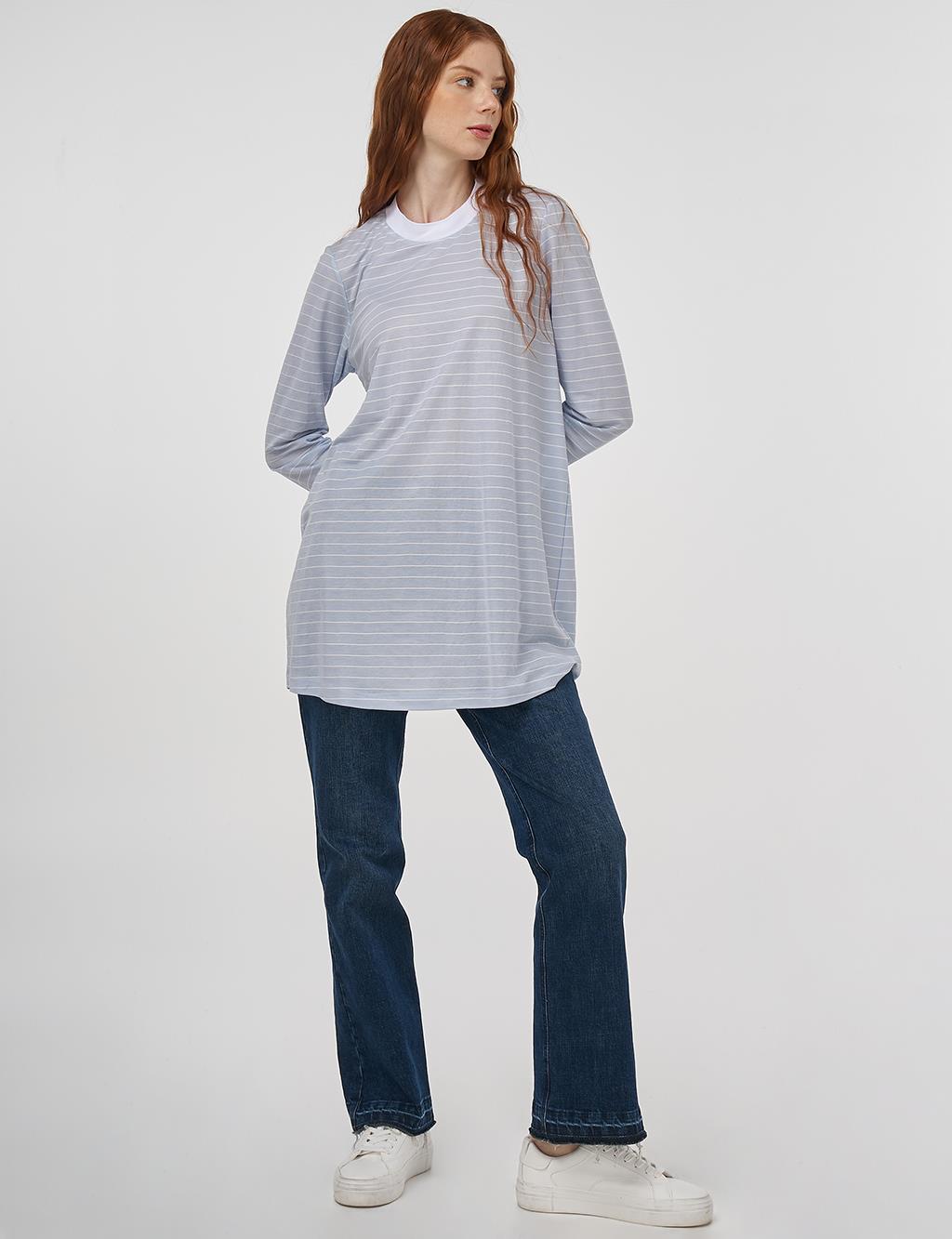 Striped Knit Sweatshirt in Light Blue