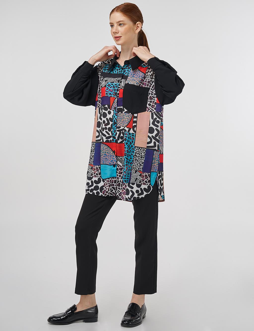 Patterned Shirt Collar Tunic in Black
