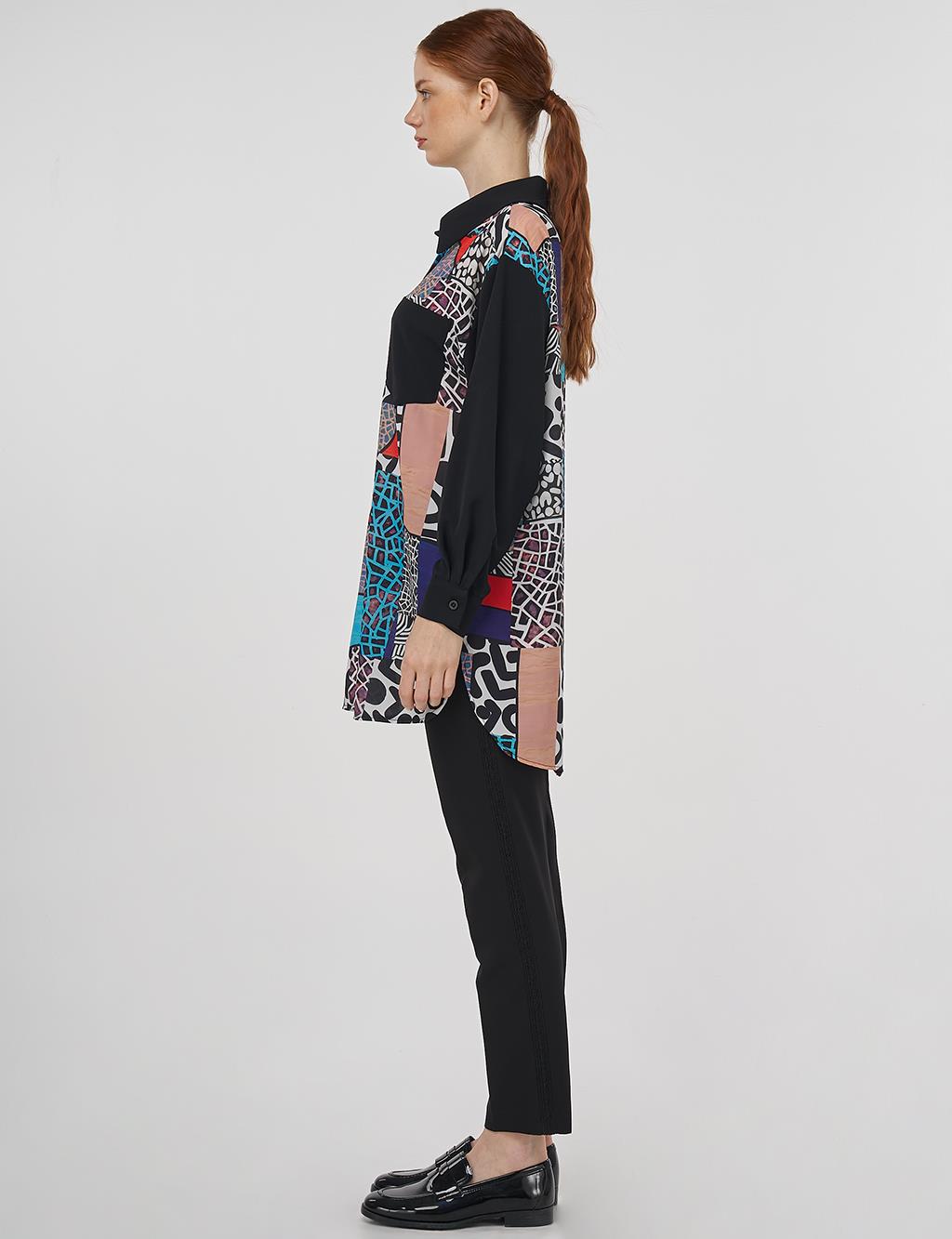 Patterned Shirt Collar Tunic in Black