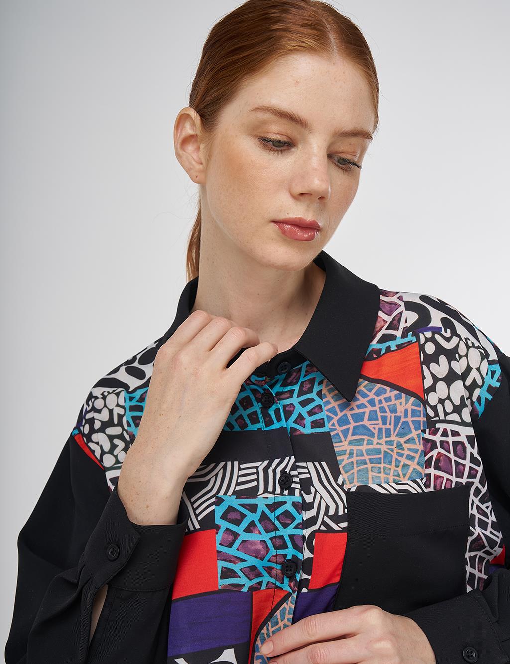 Patterned Shirt Collar Tunic in Black