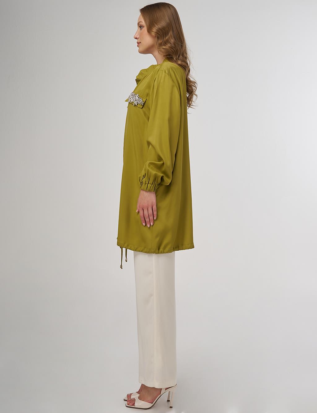 Stone-Embellished Viscose Jacket in Khaki