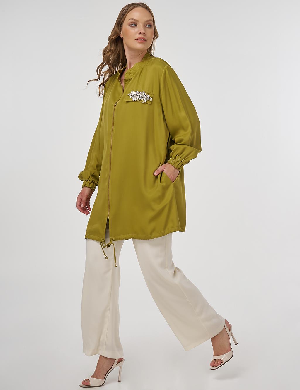Stone-Embellished Viscose Jacket in Khaki