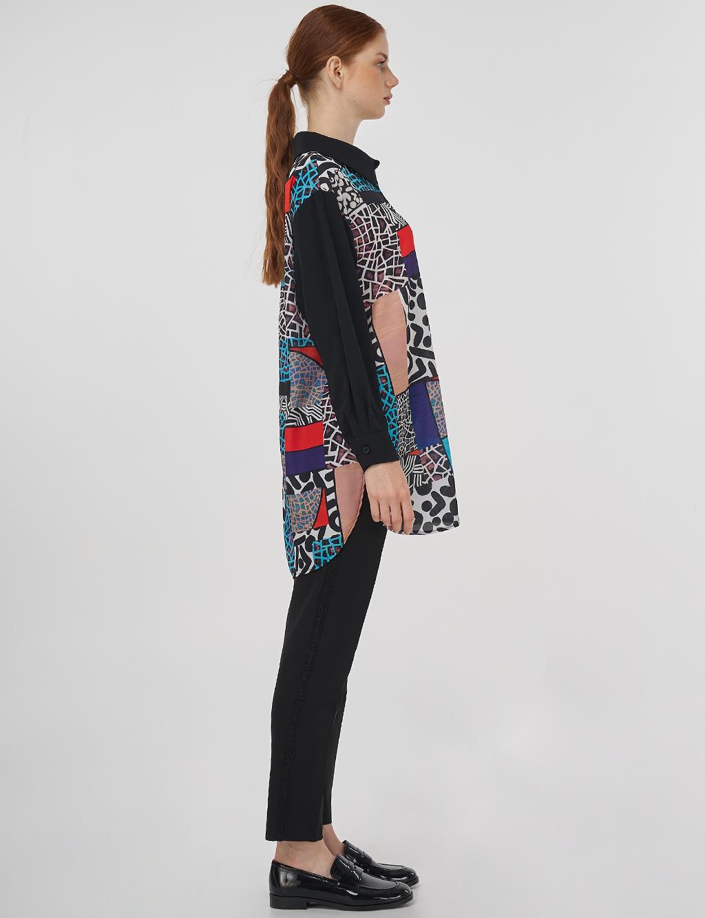 Patterned Shirt Collar Tunic in Black