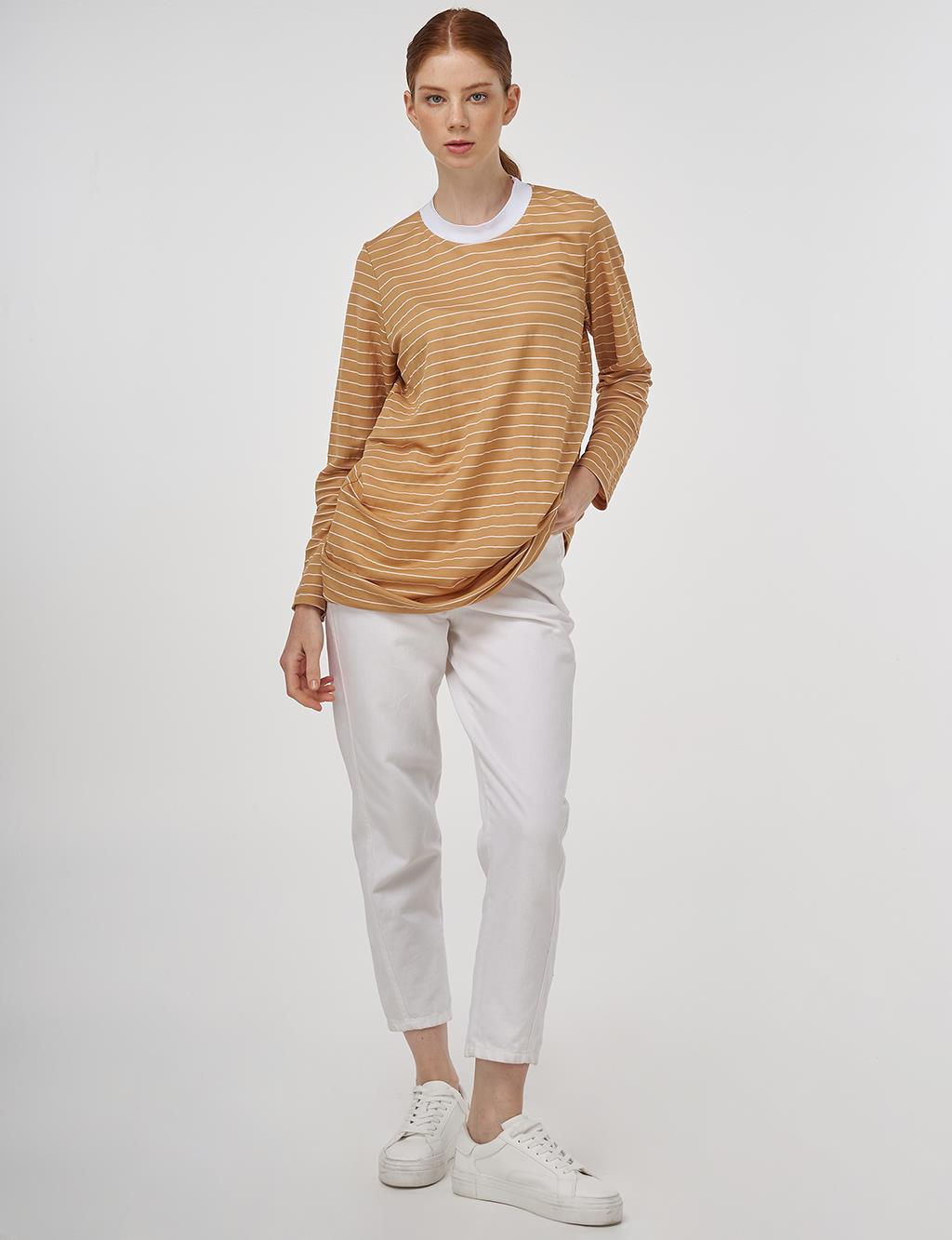 Striped Knit Sweatshirt in Beige