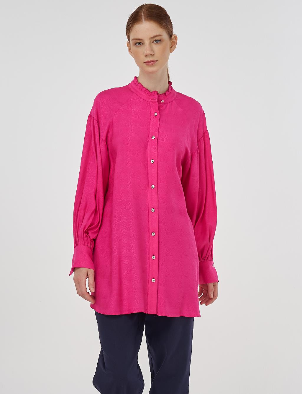 Ruffled Collar Viscose Tunic Fuchsia