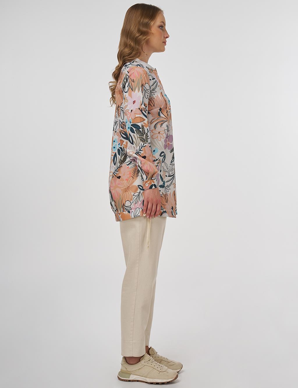 Floral Desenli Bağcıklı Tunik Krem