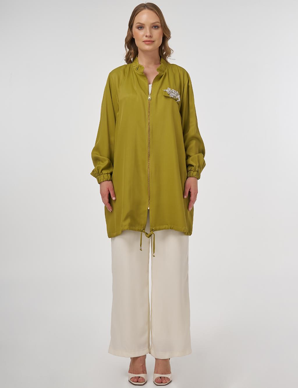 Stone-Embellished Viscose Jacket in Khaki