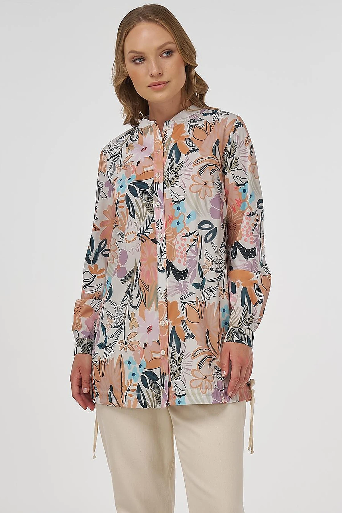 Floral Desenli Bağcıklı Tunik Krem