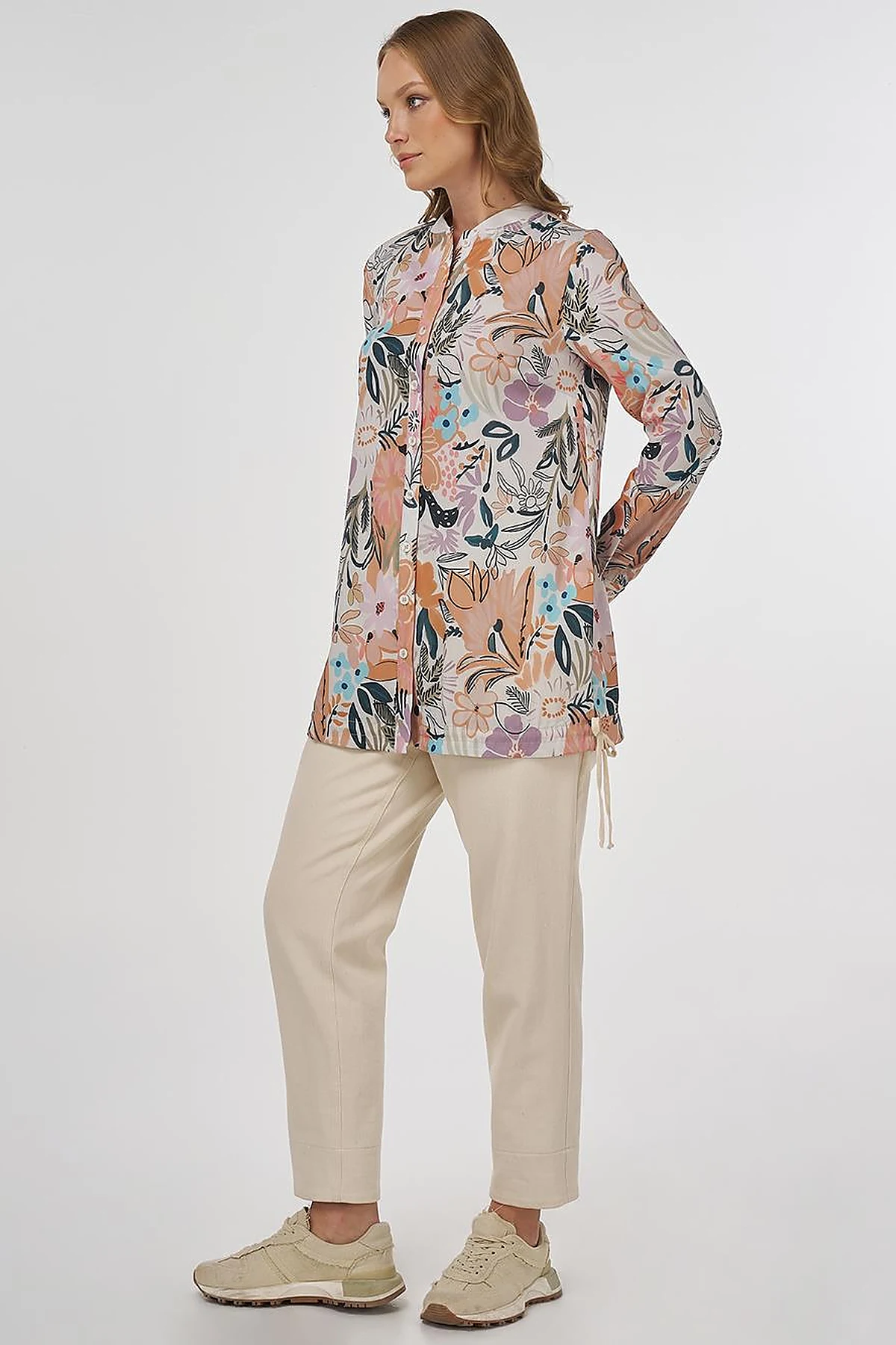 Floral Desenli Bağcıklı Tunik Krem