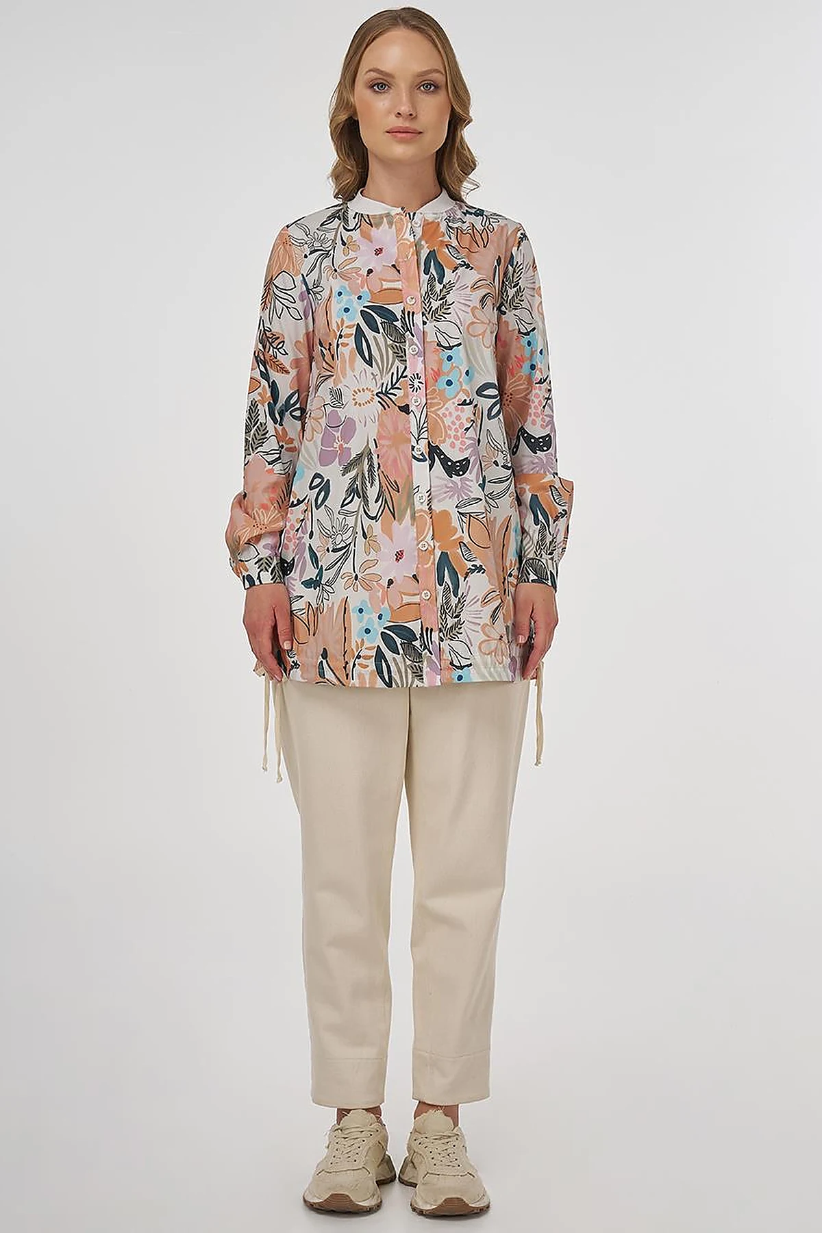 Floral Desenli Bağcıklı Tunik Krem