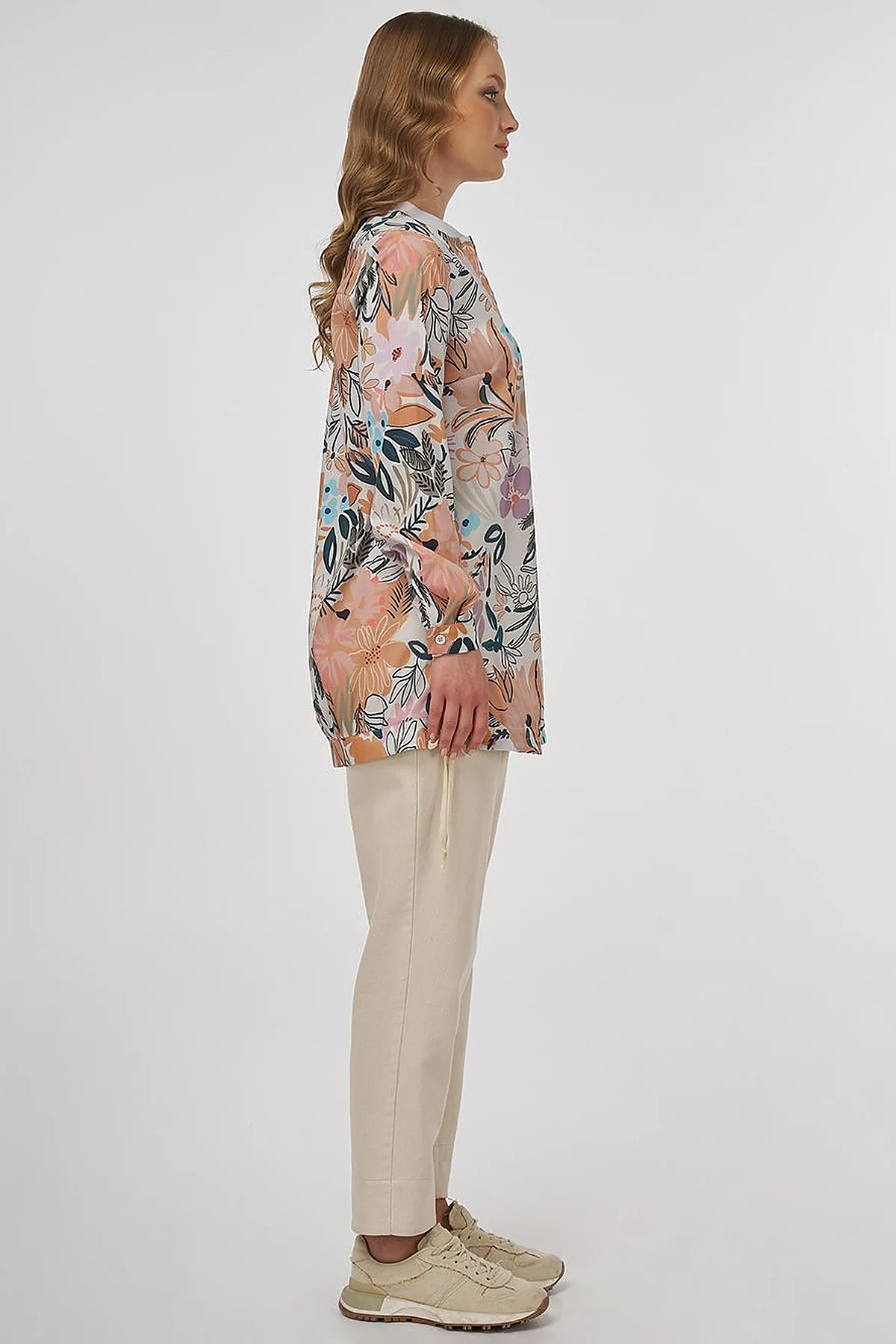 Floral Desenli Bağcıklı Tunik Krem