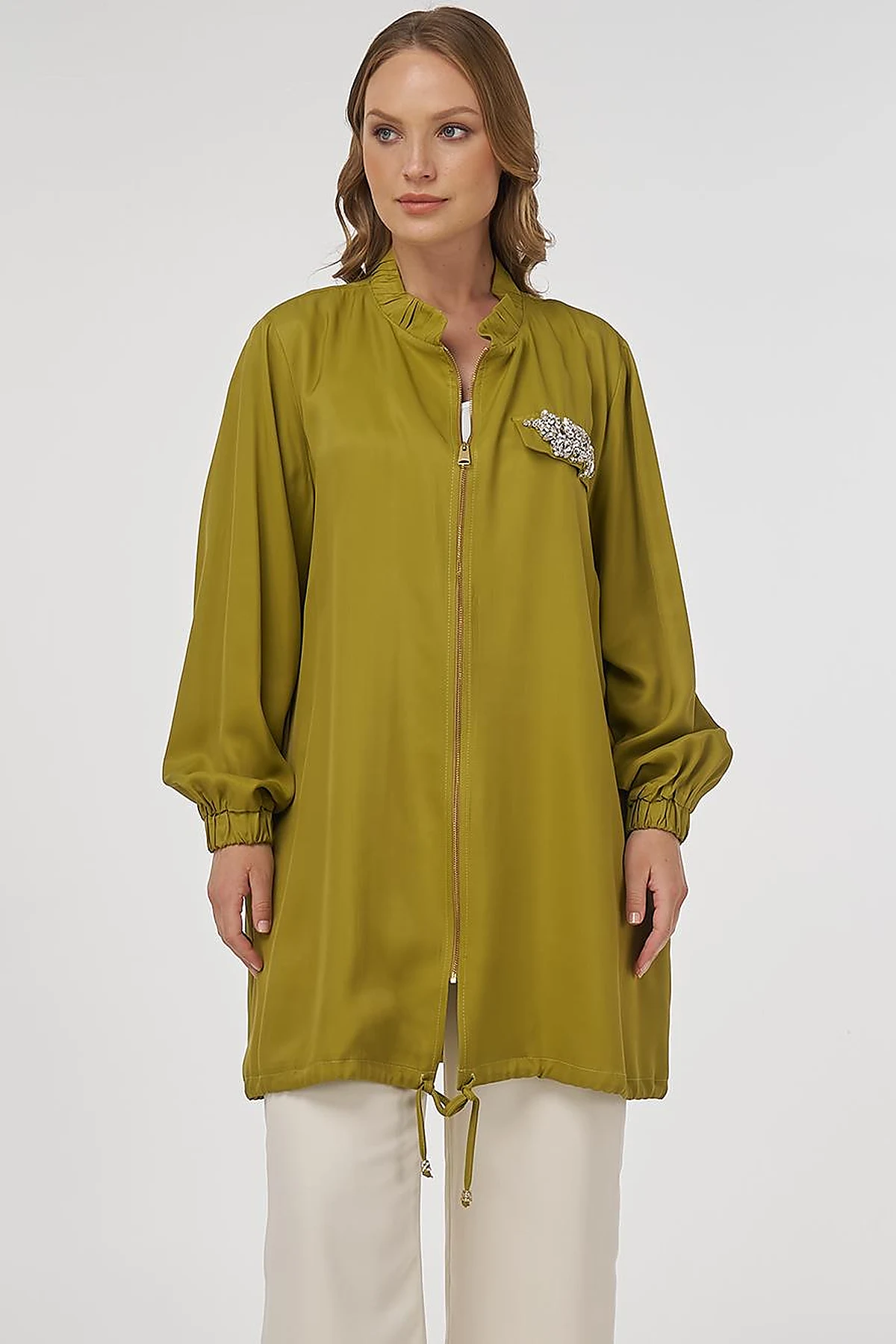 Stone-Embellished Viscose Jacket in Khaki