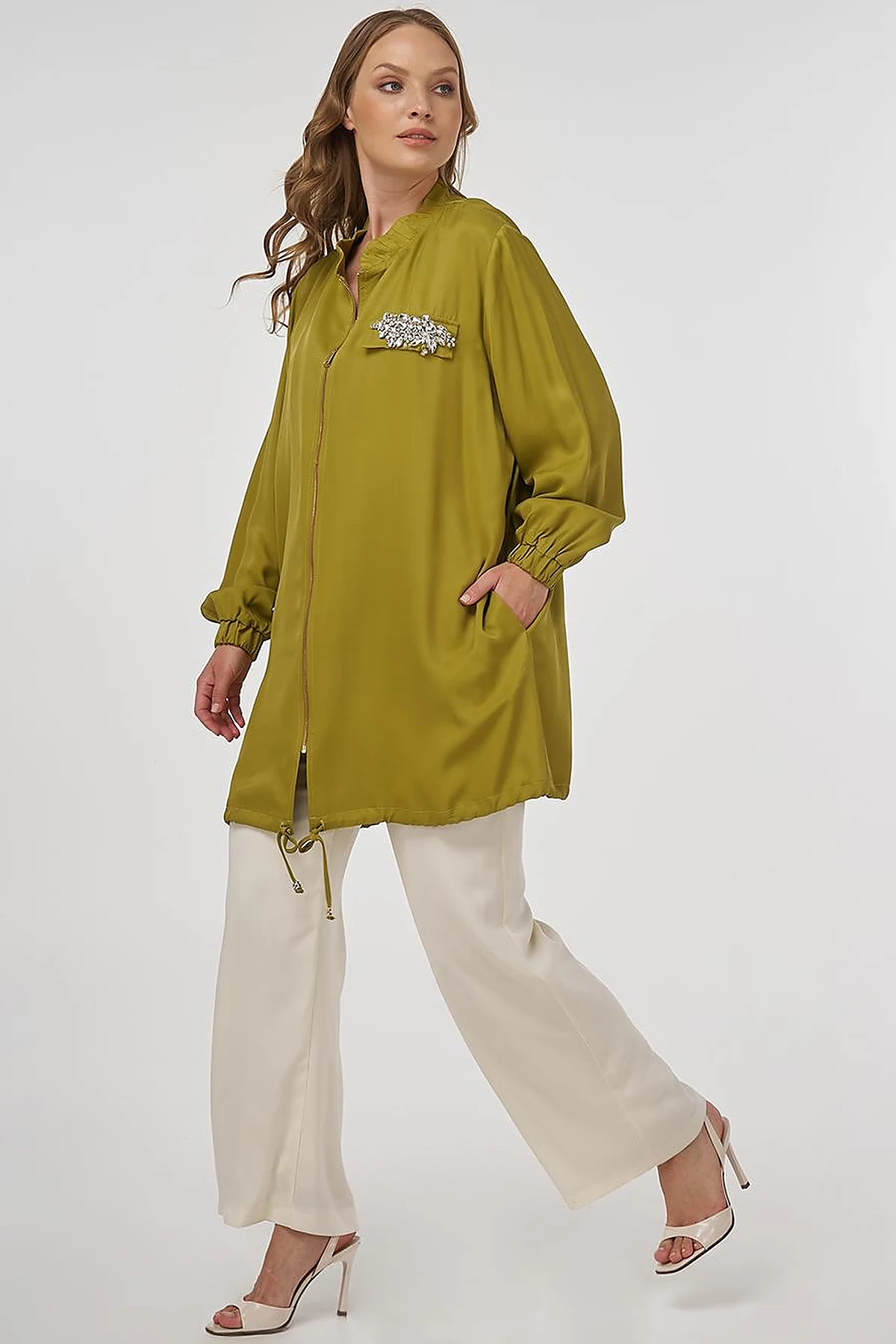 Stone-Embellished Viscose Jacket in Khaki