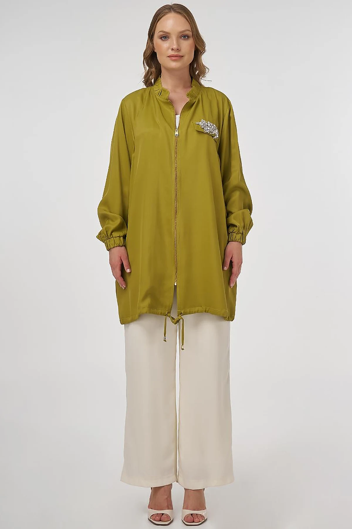 Stone-Embellished Viscose Jacket in Khaki