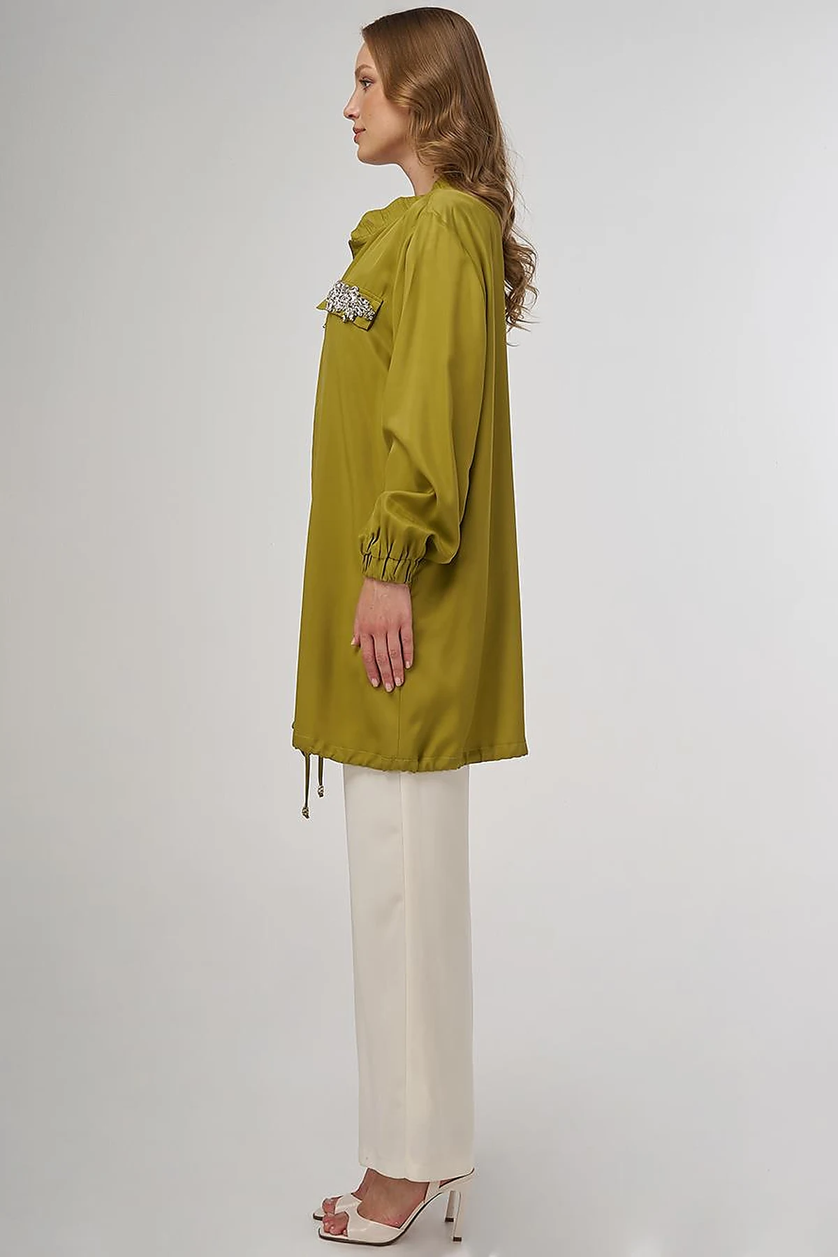 Stone-Embellished Viscose Jacket in Khaki