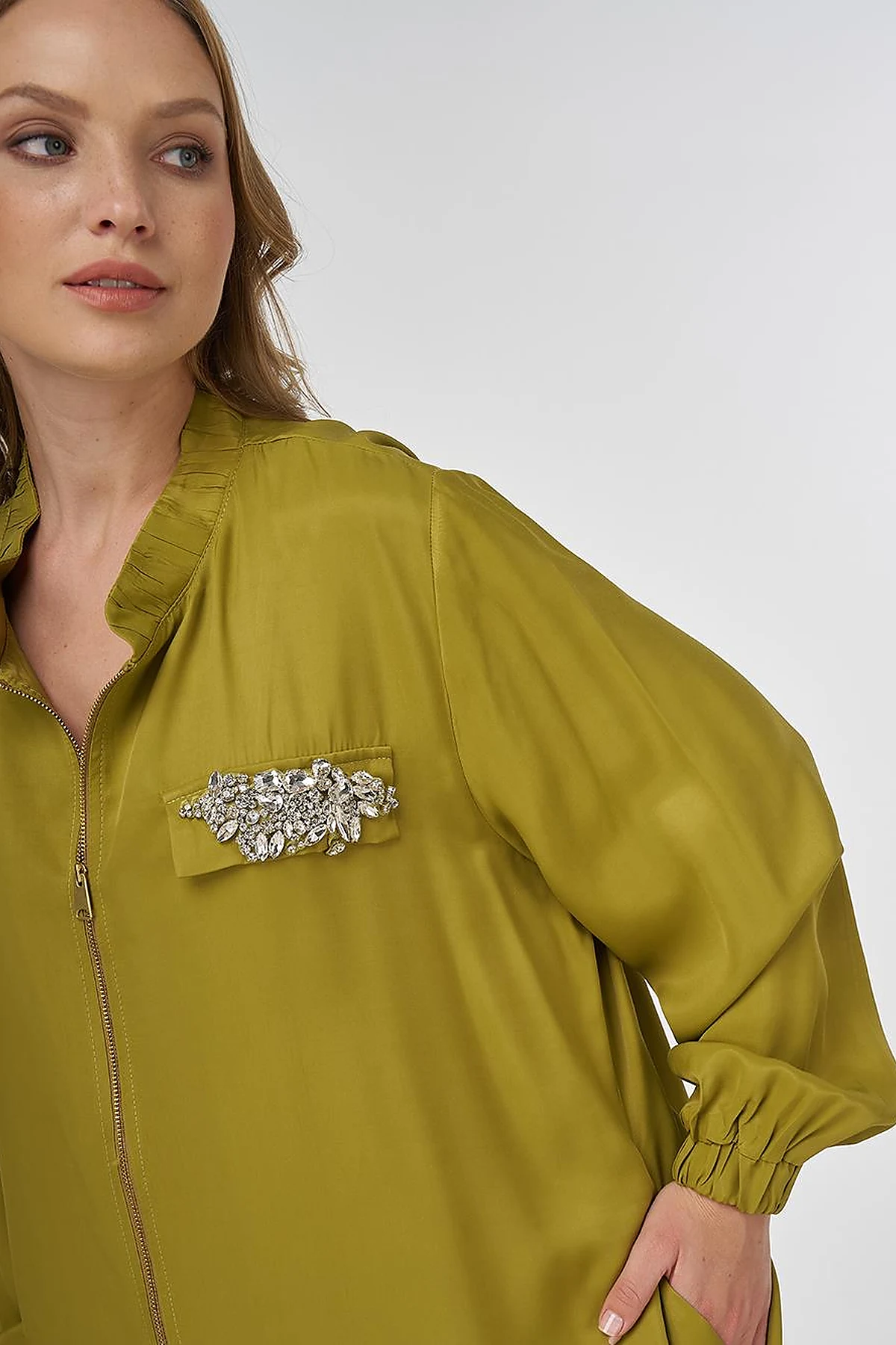 Stone-Embellished Viscose Jacket in Khaki