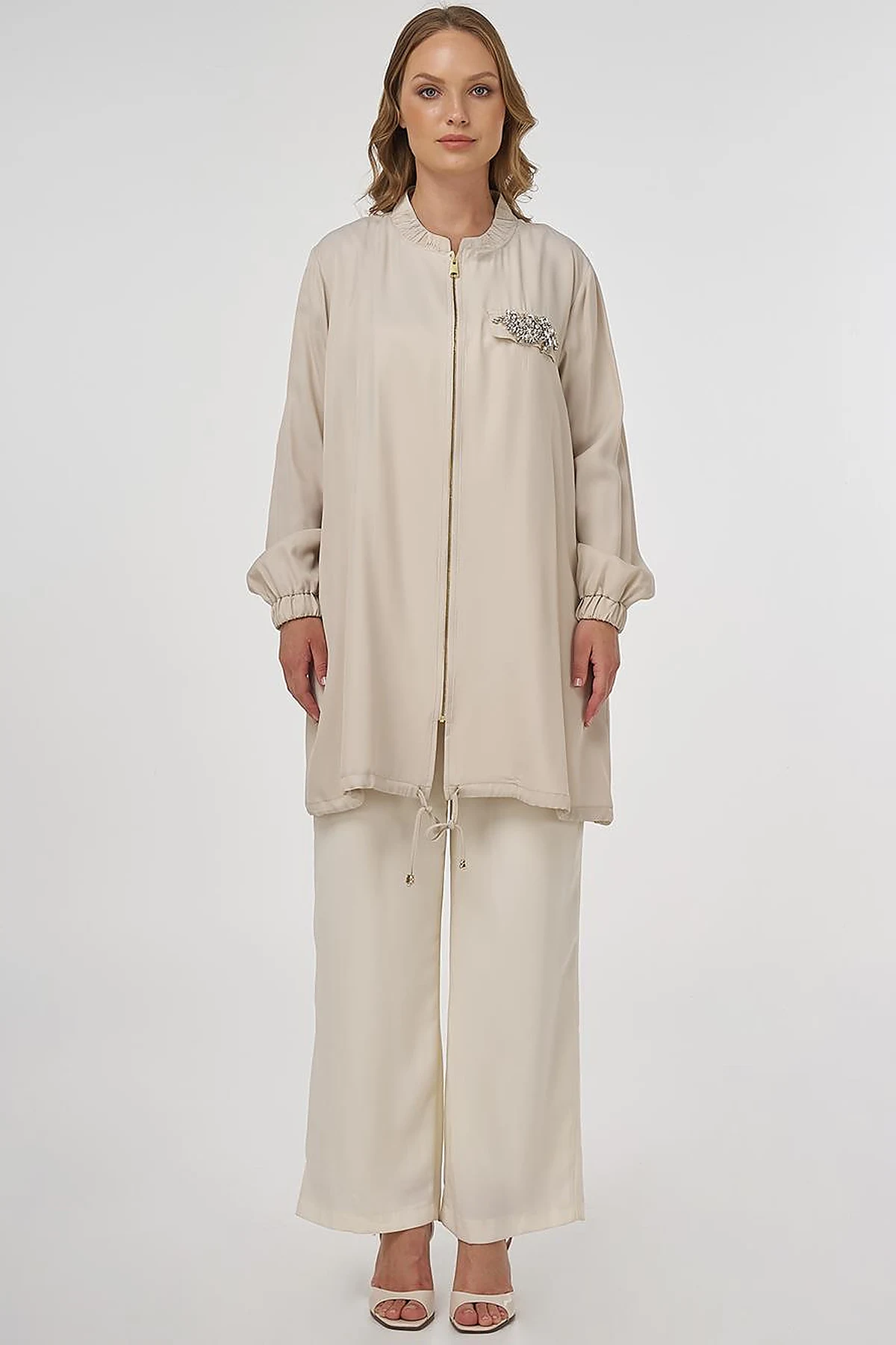 Stone-Embellished Viscose Jacket in Stone
