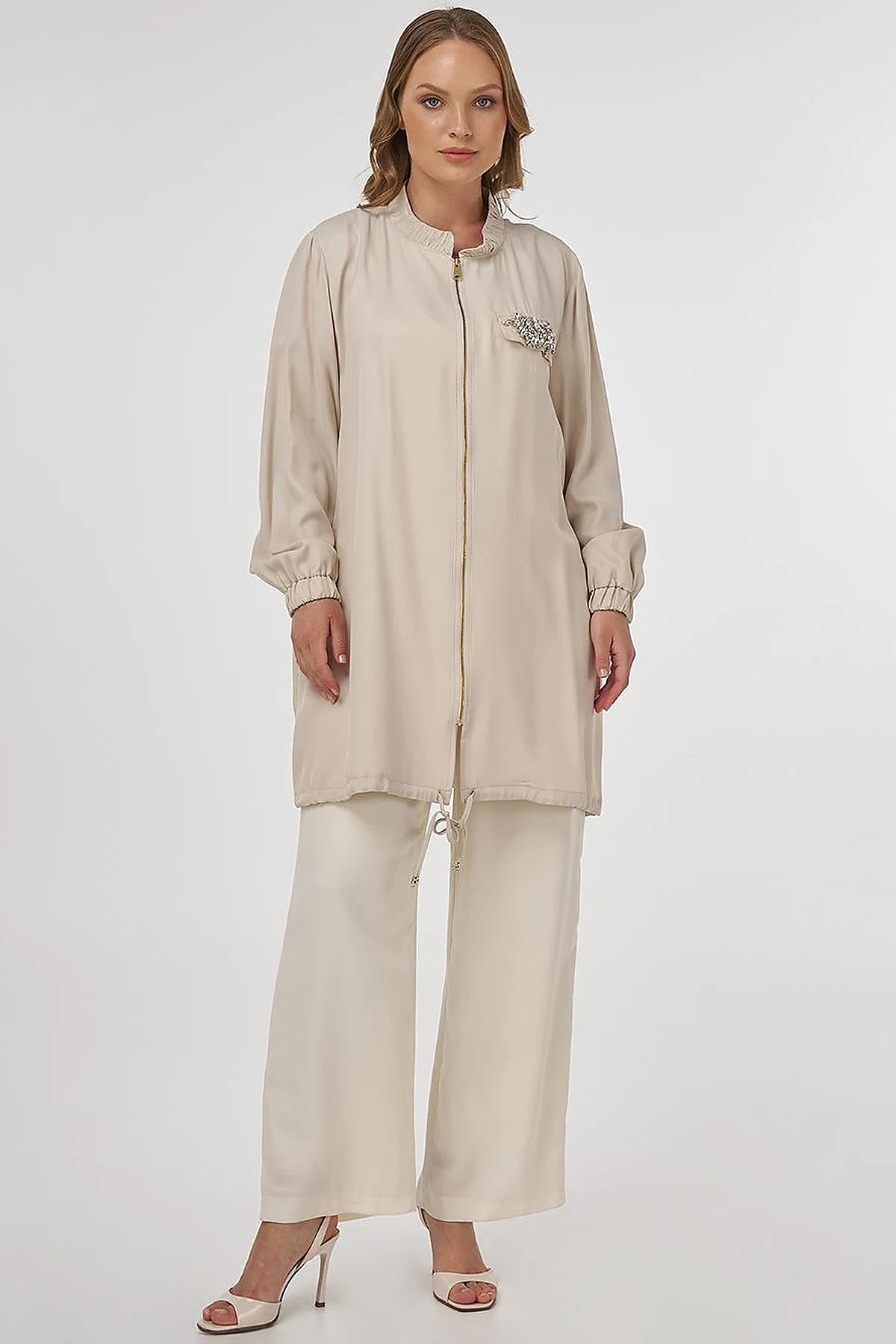 Stone-Embellished Viscose Jacket in Stone