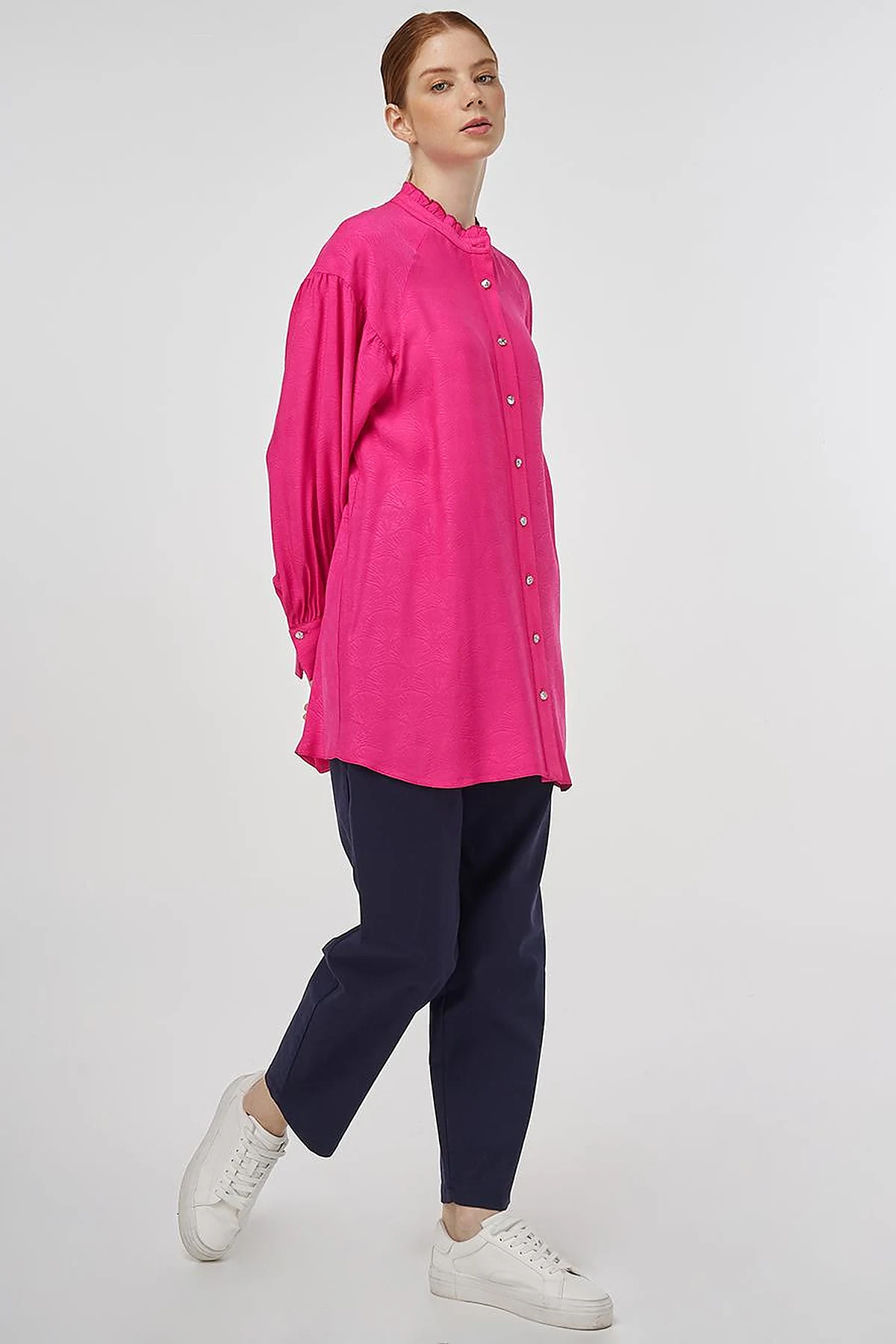 Ruffled Collar Viscose Tunic Fuchsia