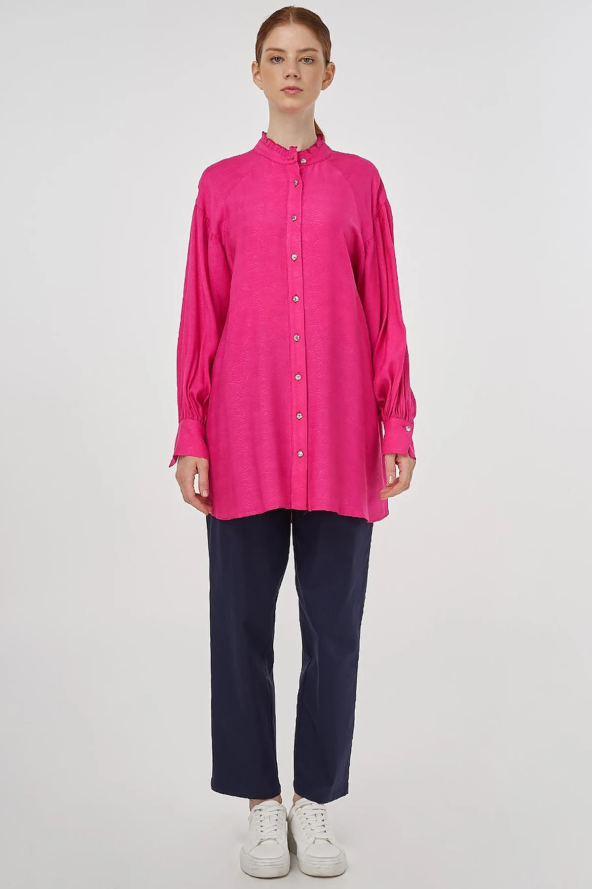 Ruffled Collar Viscose Tunic Fuchsia