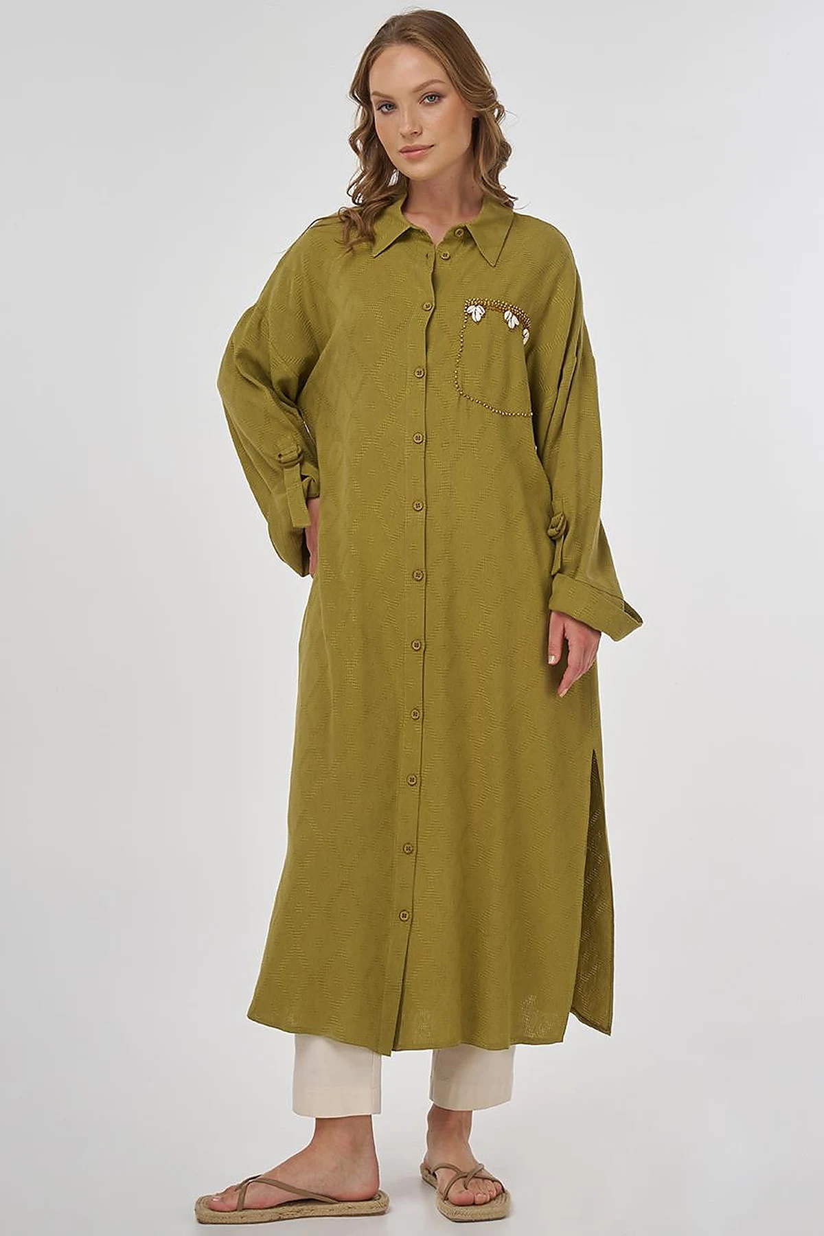 Processing Detailed Linen Viscose Tunic Khaki 