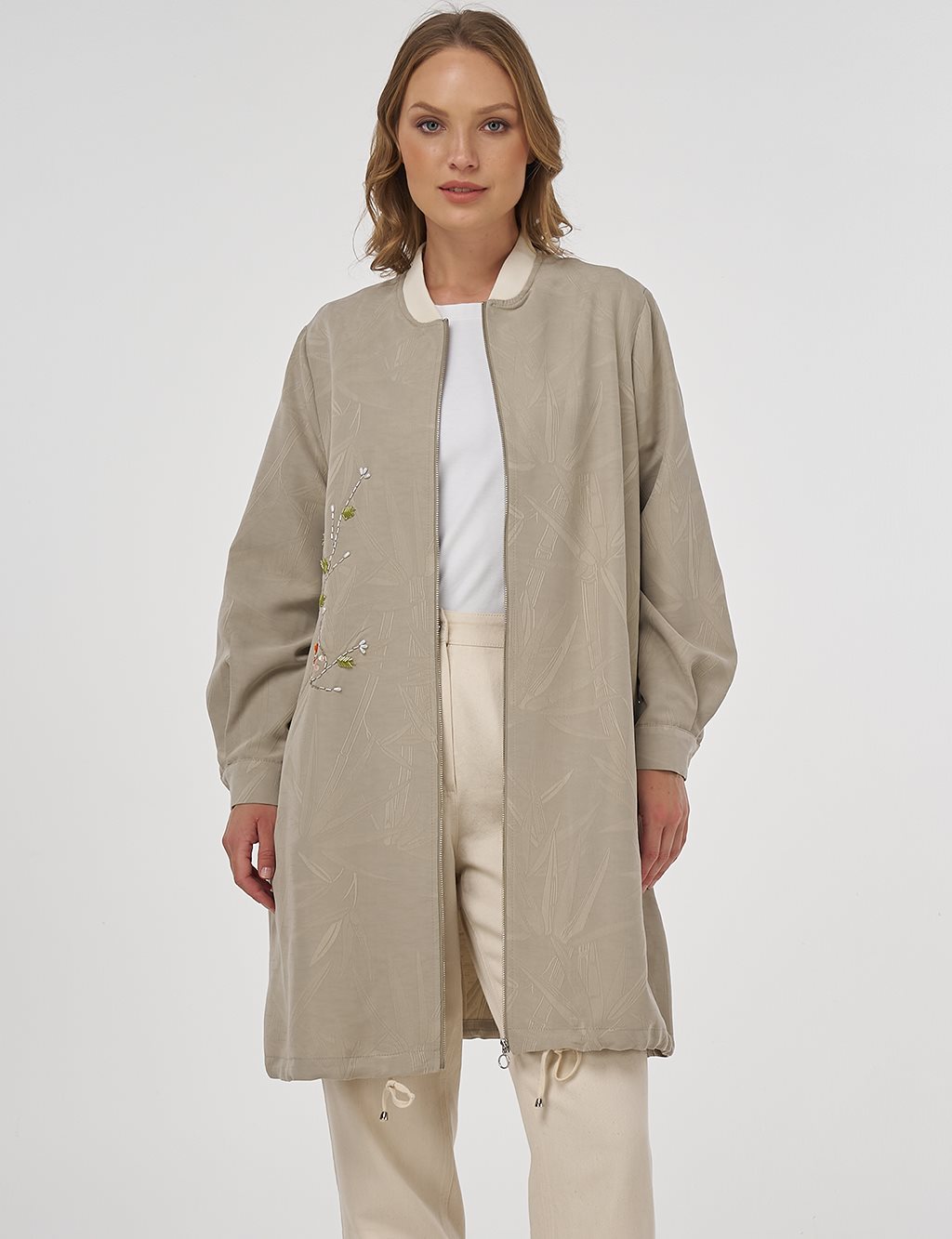 Embroidered Modal Jacket in Mold Green