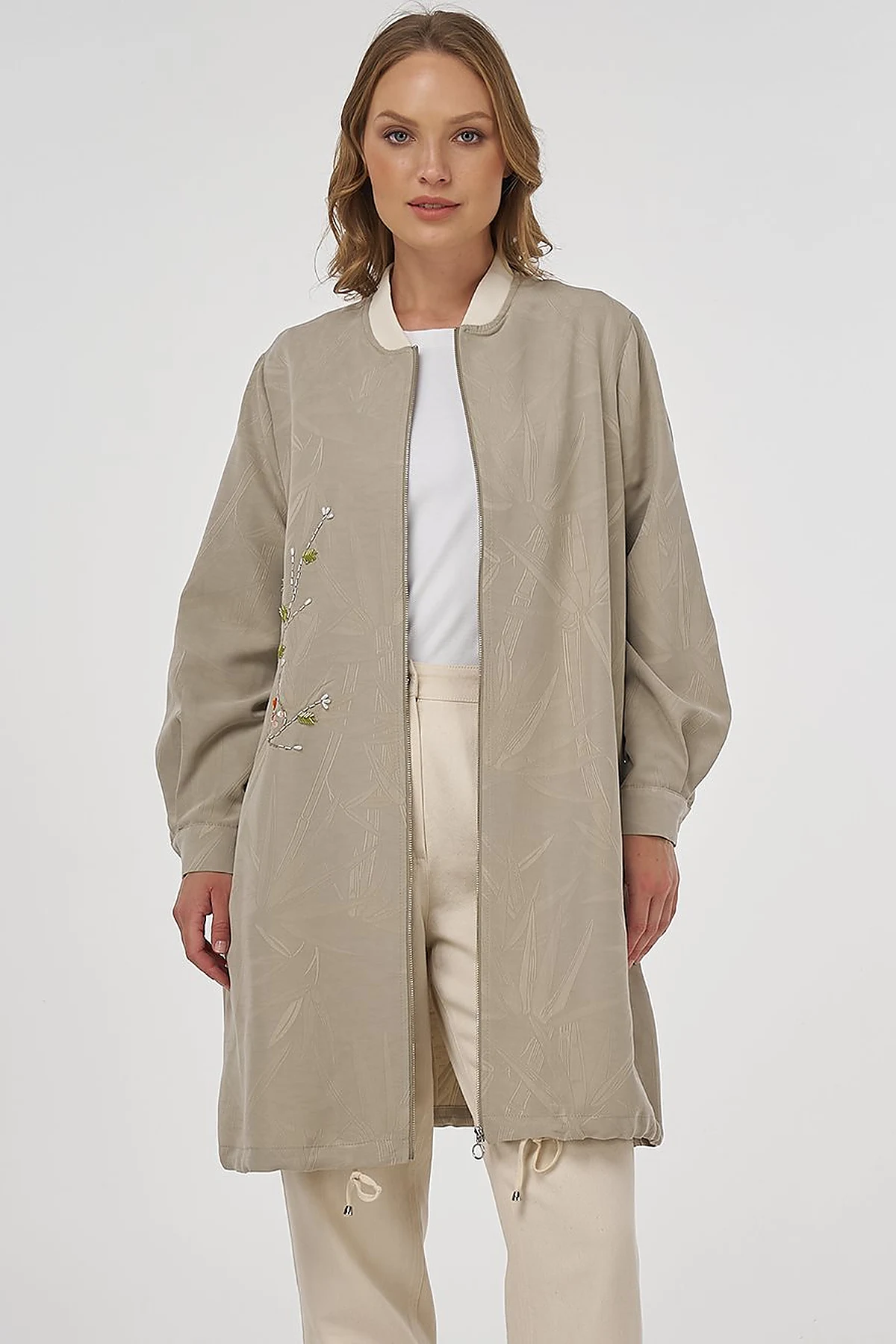 Embroidered Modal Jacket in Mold Green