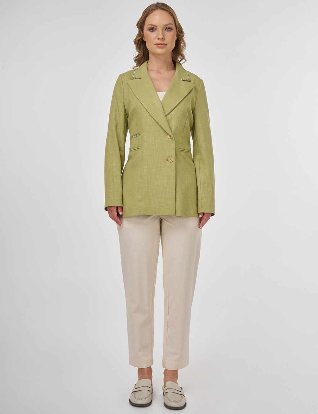 Punto Dikişli Viskon Blazer Ceket Fıstık Yeşili