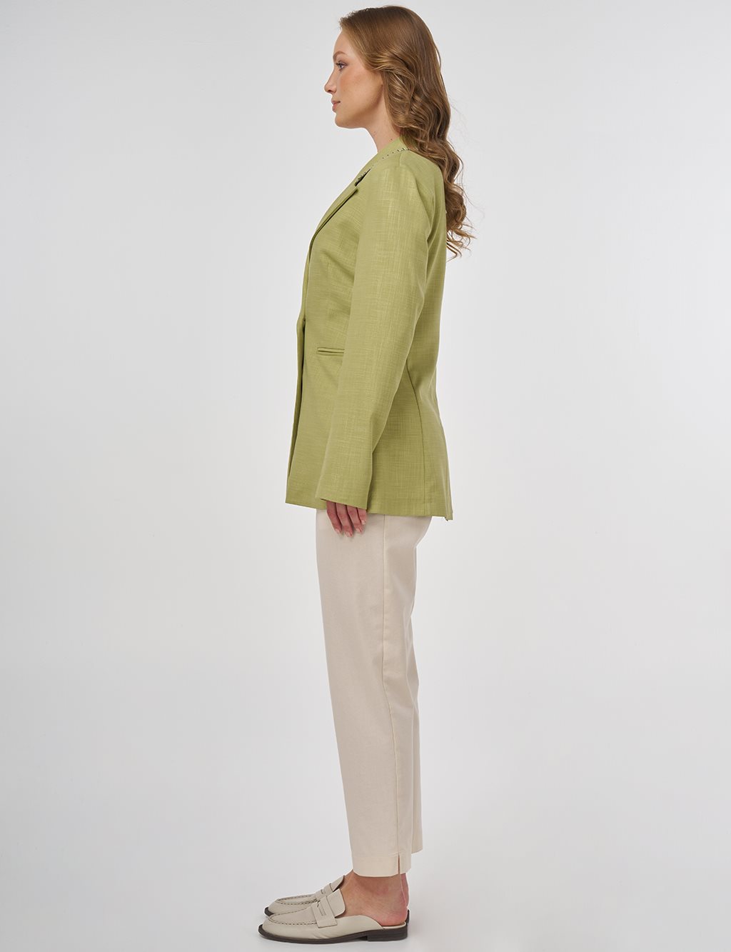 Punto Dikişli Viskon Blazer Ceket Fıstık Yeşili