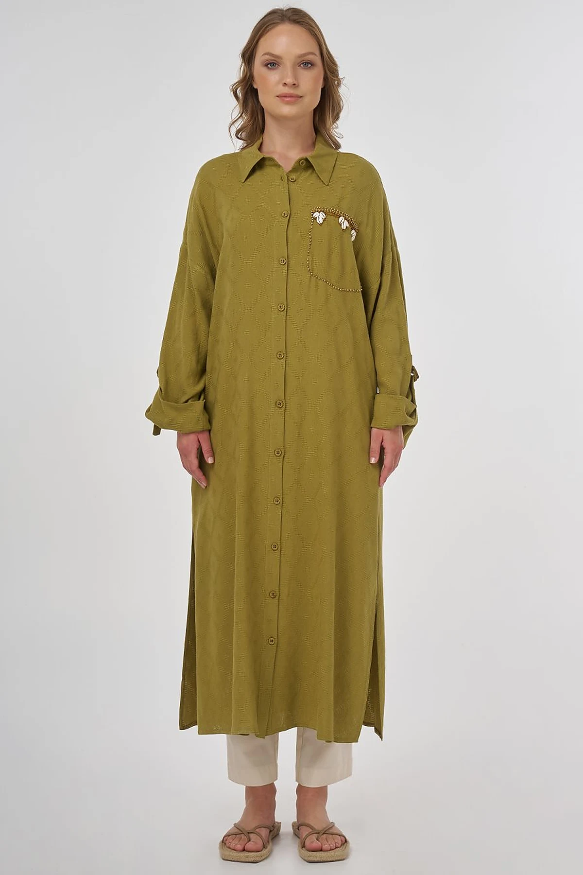 Processing Detailed Linen Viscose Tunic Khaki 