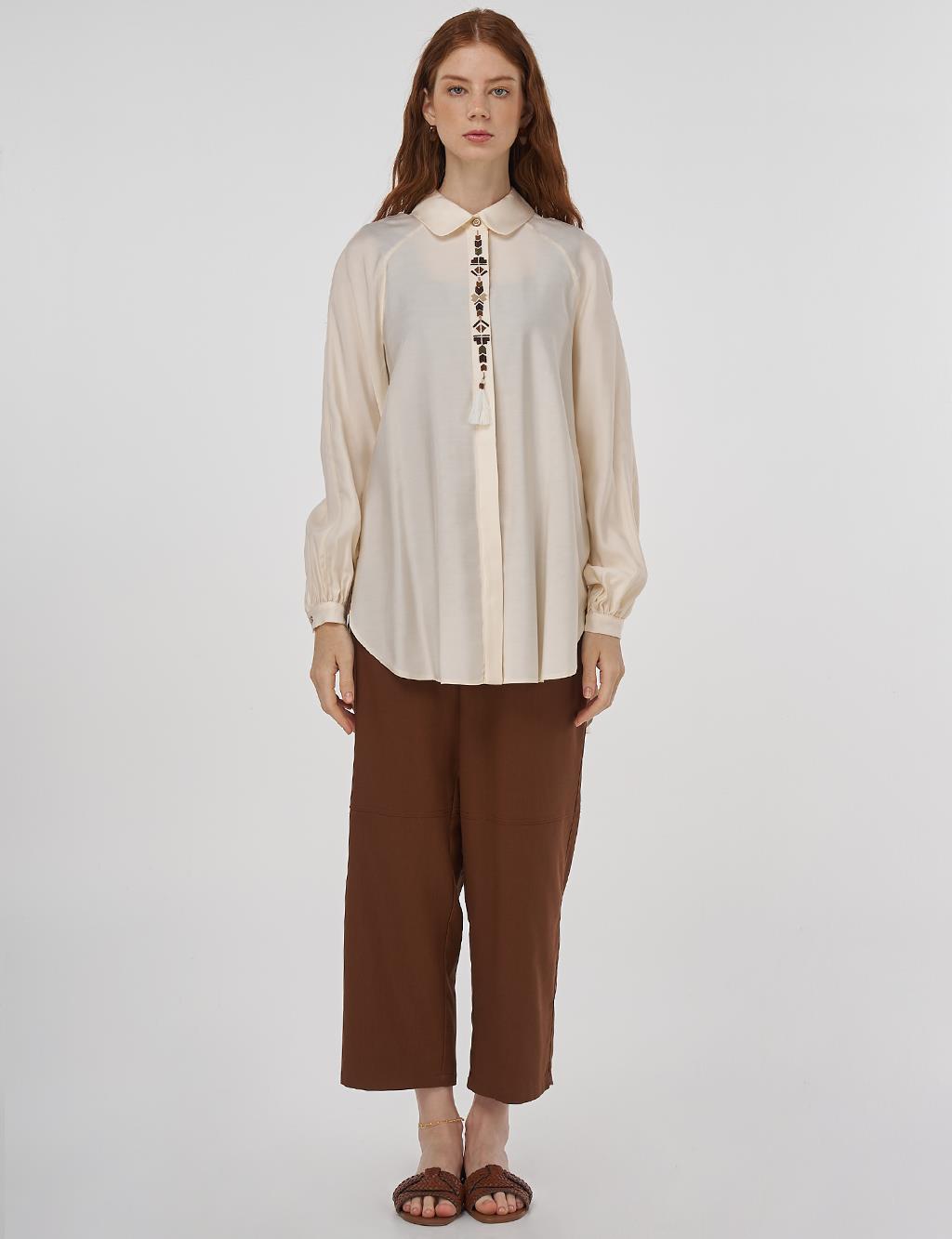 Püskül Detaylı Viskon Tunik Ekru