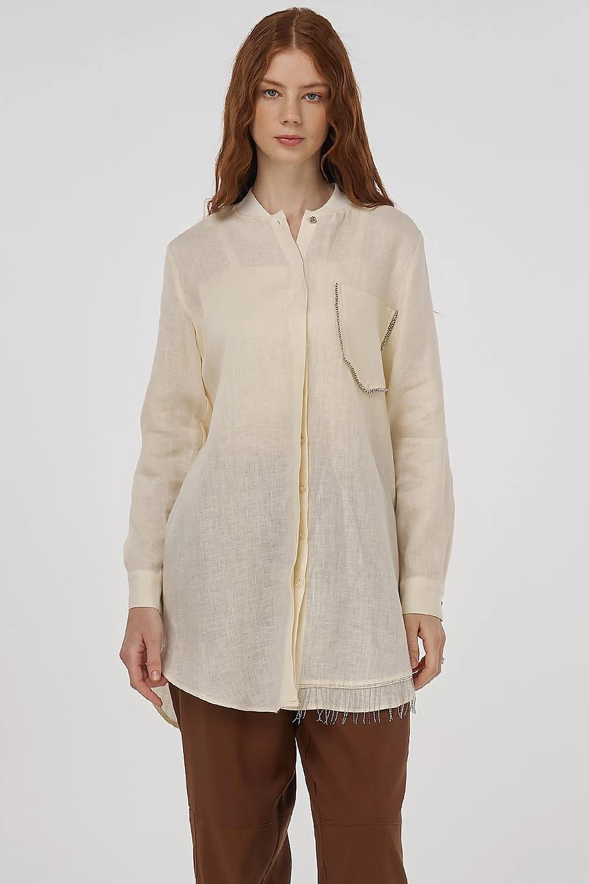 100% Linen Tunic with Bead Embroidery Cream 