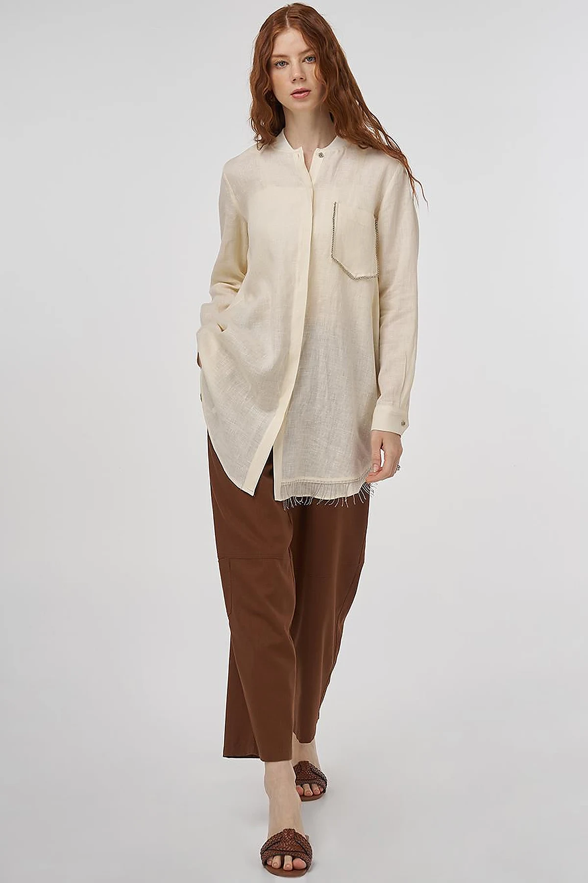 100% Linen Tunic with Bead Embroidery Cream 